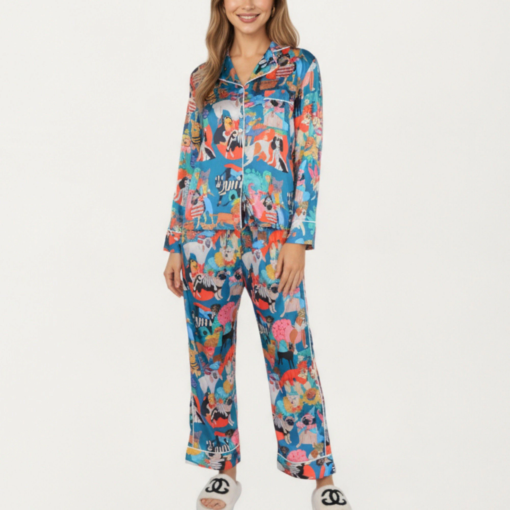 Anna-Kaci Women's 2-Piece Long Sleeve Button Front Top and Relaxed Fit Pants Pajama Set with Playful Dog Print