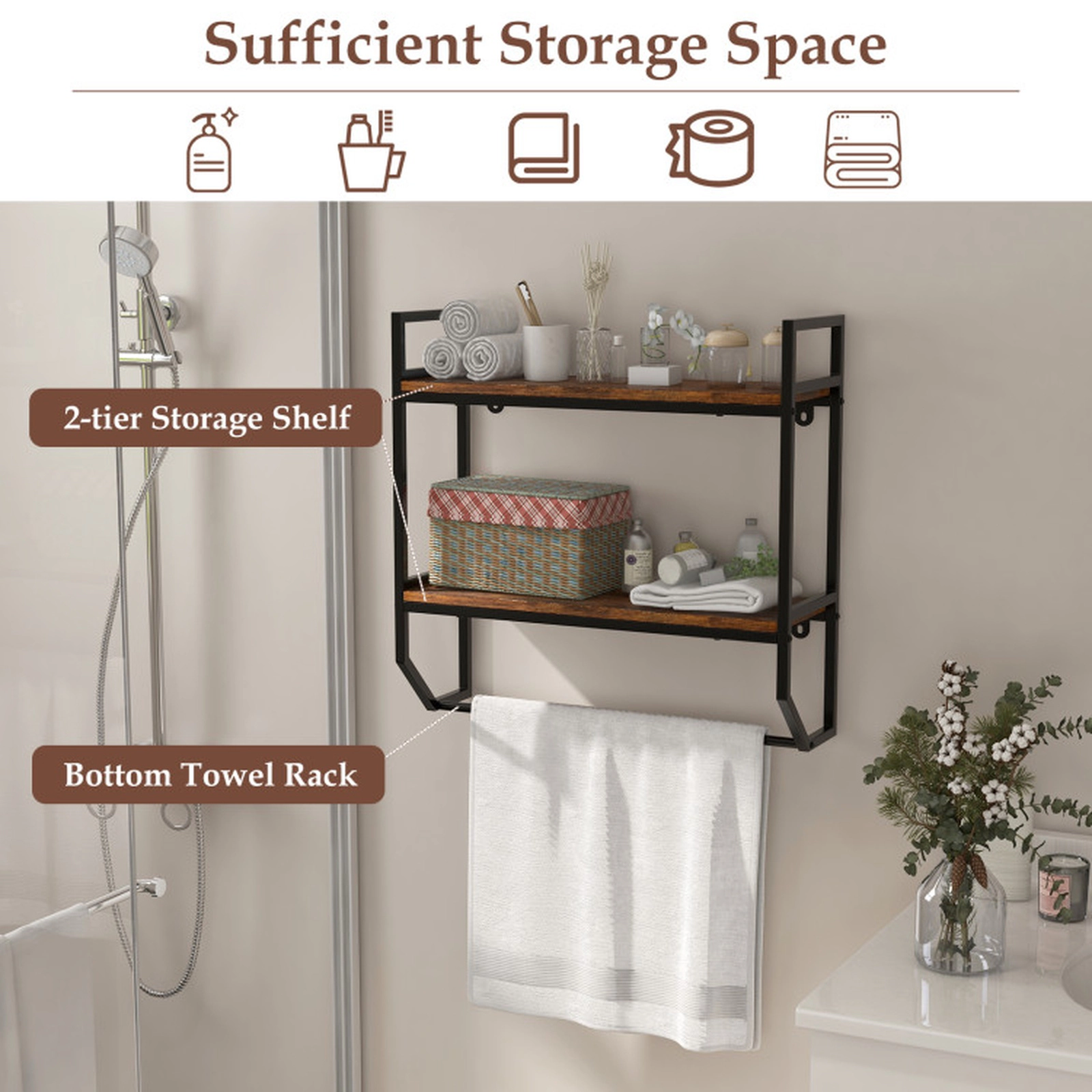 SUGIFT 23-in 2-Shelf Wall Mounted Over the Toilet Storage Shelf with Round Metal Towel Bar and Rustproof Frame