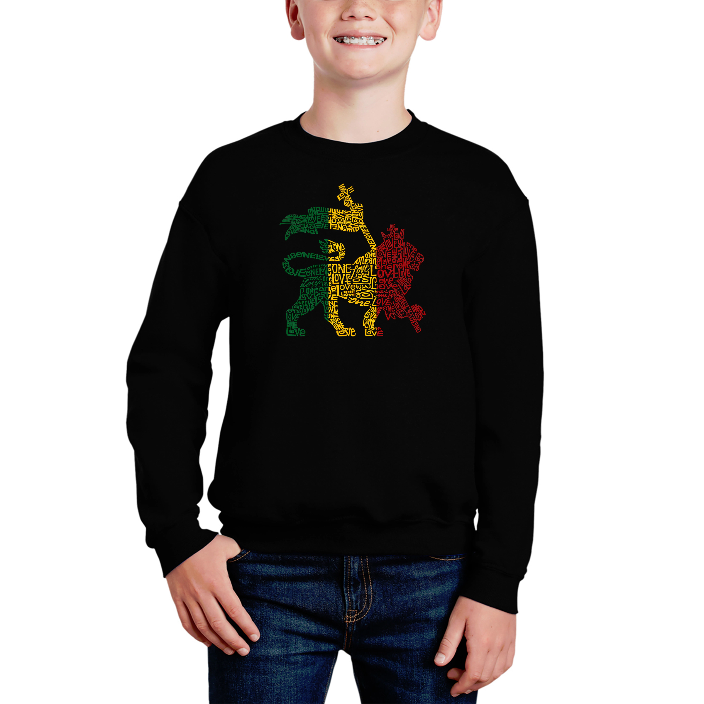 LA Pop Art Boy's Word Sweatshirt - Rasta Lion One Love