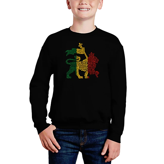 LA Pop Art Boy's Word Art Sweatshirt - Rasta Lion - One Love