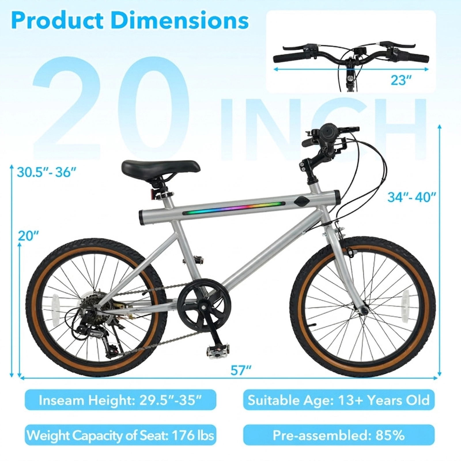 SUGIFT LED-Lit 20-Inch Bicycle with 6-Speed Shimano Gears 176-lb Seat Capacity Ages 13+ Black/Silver