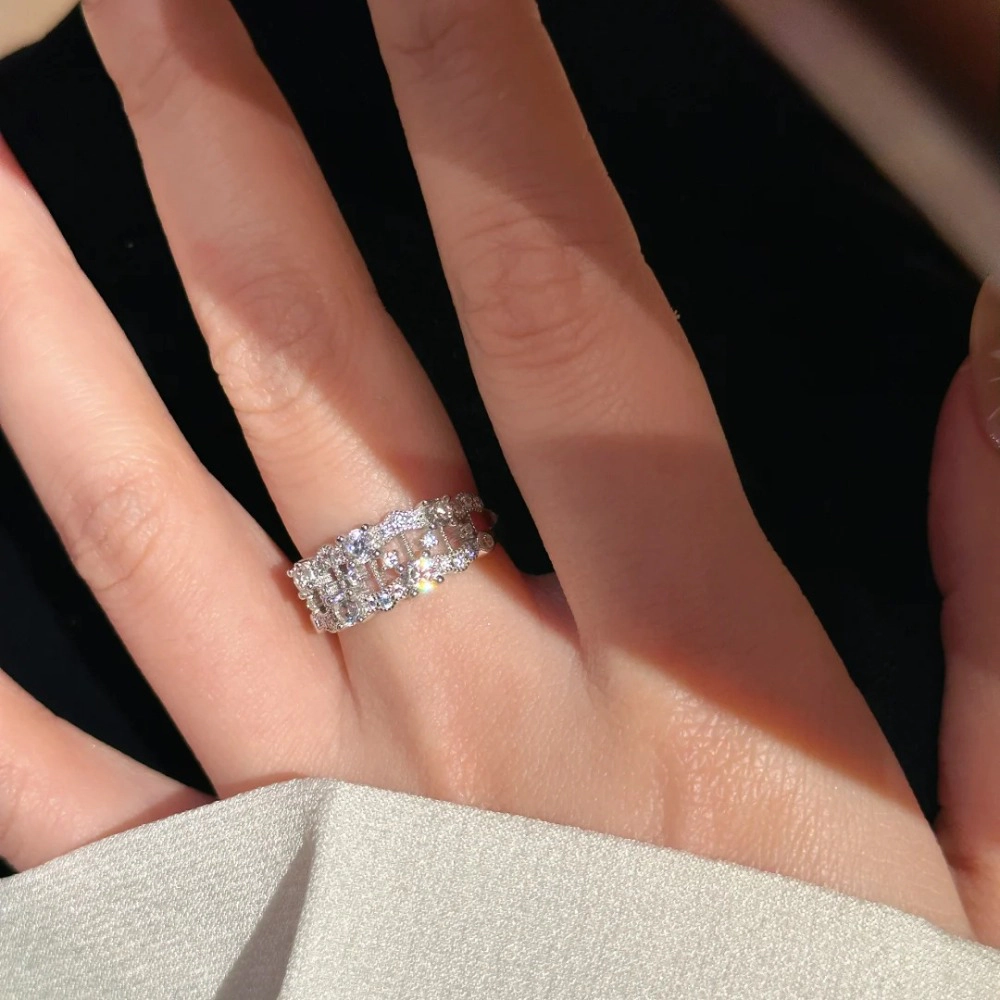 Women’s Adjustable Open Ring Lace-Inspired Hollow Band with Row Inlaid Zircons