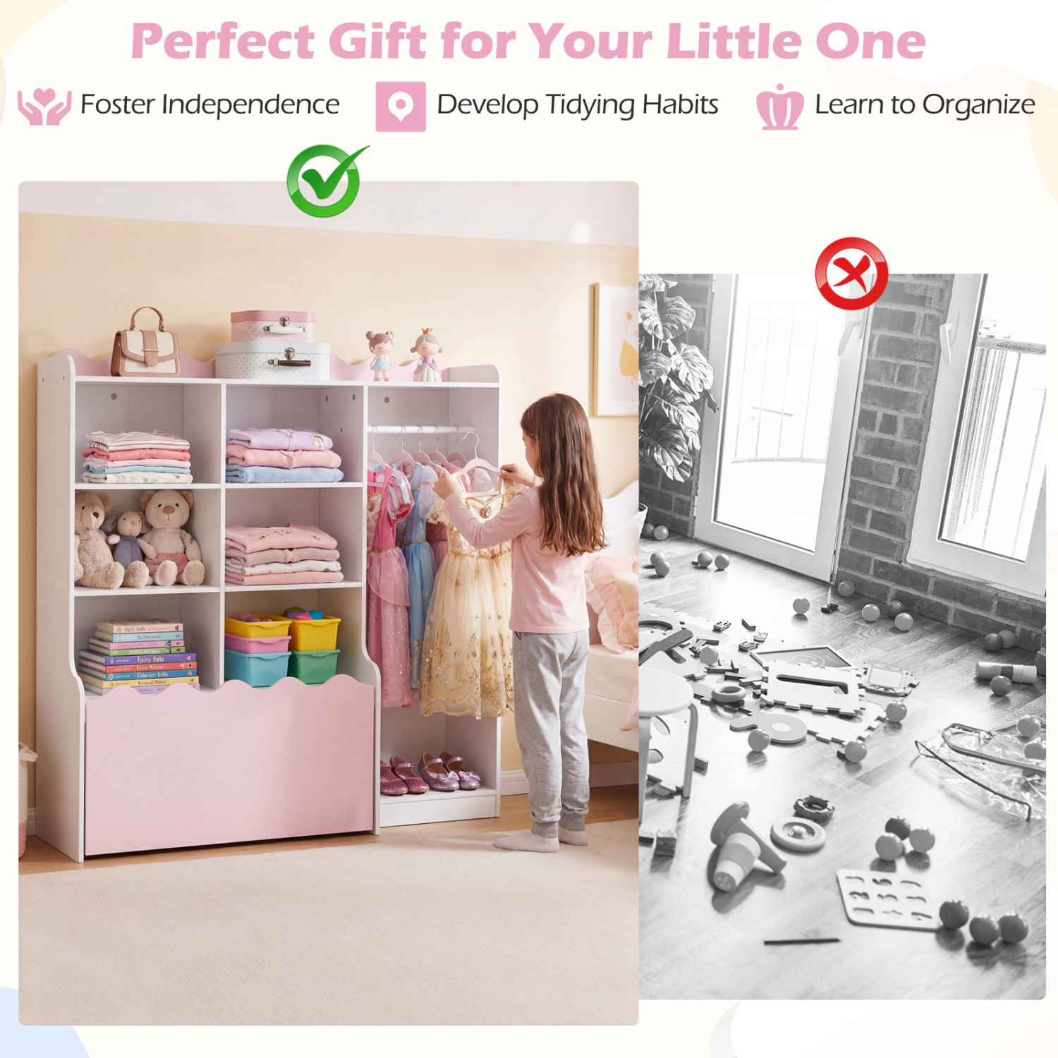 Hivvago Kids Toy Storage Organizer Children Dress up Closet Wardrobe with Clothing Rack