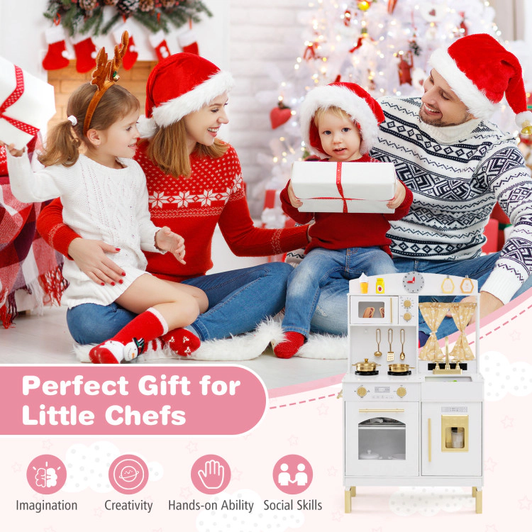 Hivvago Play Kitchen for Kids Wooden Chef Pretend Playset with 3 Adjustable Heights Microwave