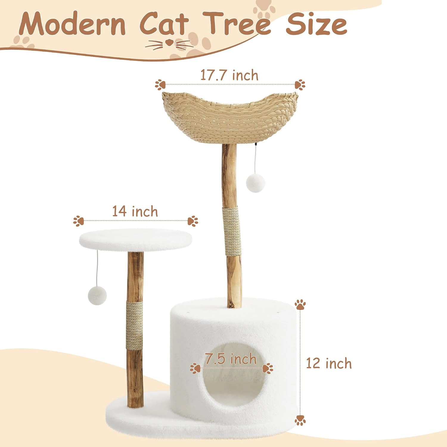 43-Inch Wood-Rattan Cat Tree Tower, Multi-Level Indoor Cat Condo Perch Without Tree Branch