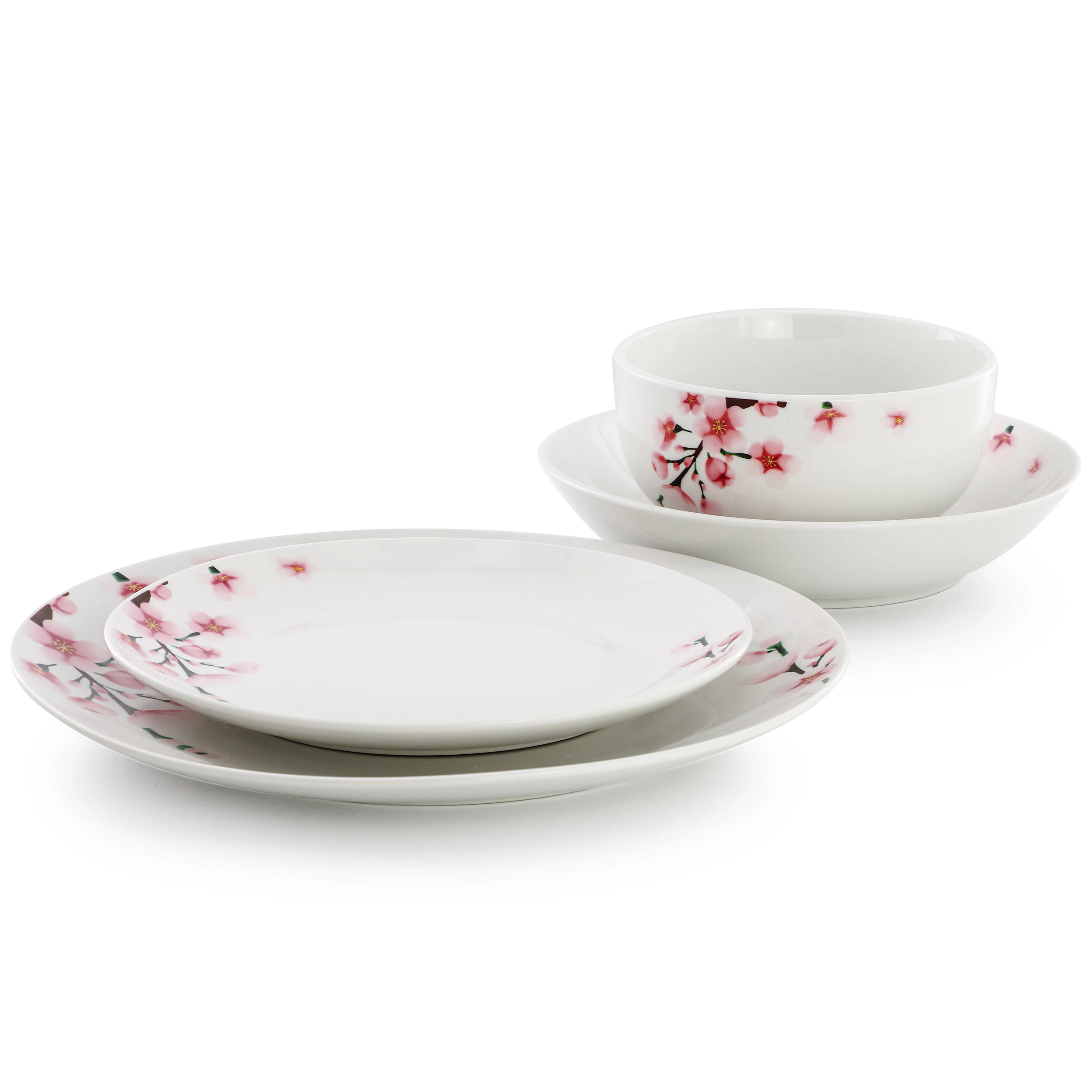 Elama Tamara 24 Piece Cherry Blossom Porcelain Double Bowl Dinnerware Set, Service for 6 in White and Pink