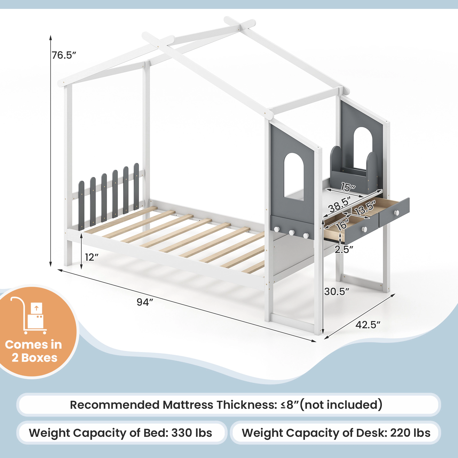 SUGIFT White and Gray Roof Canopy Fence and Study Desk Kids House Bed Frame
