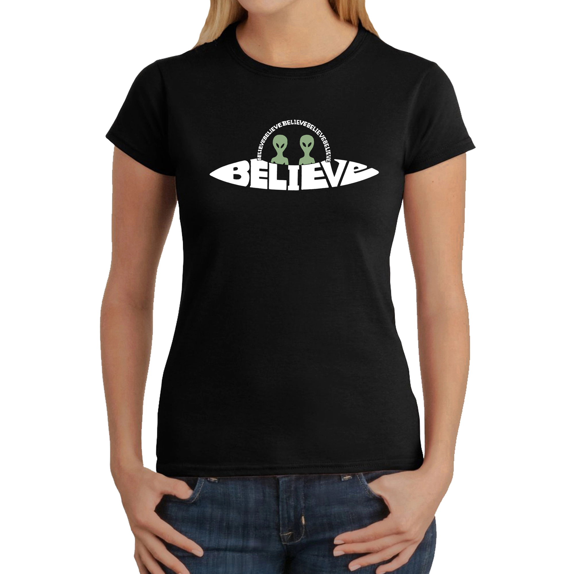 LA Pop Art Women's Word T-Shirt - Believe UFO