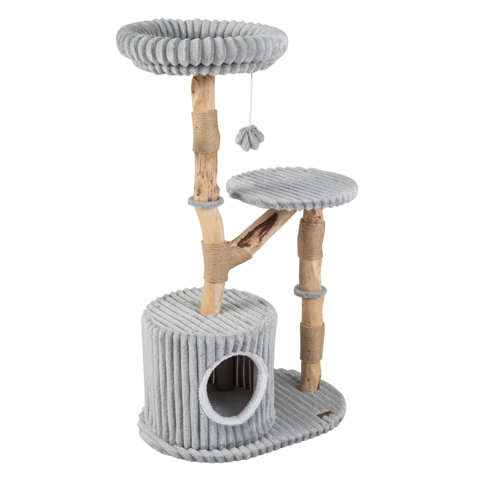 SUGIFT 41-in Solid Wood Cat Tree with Real Pear Wood Branches 16-in Top Perch and Washable Cushion Bed