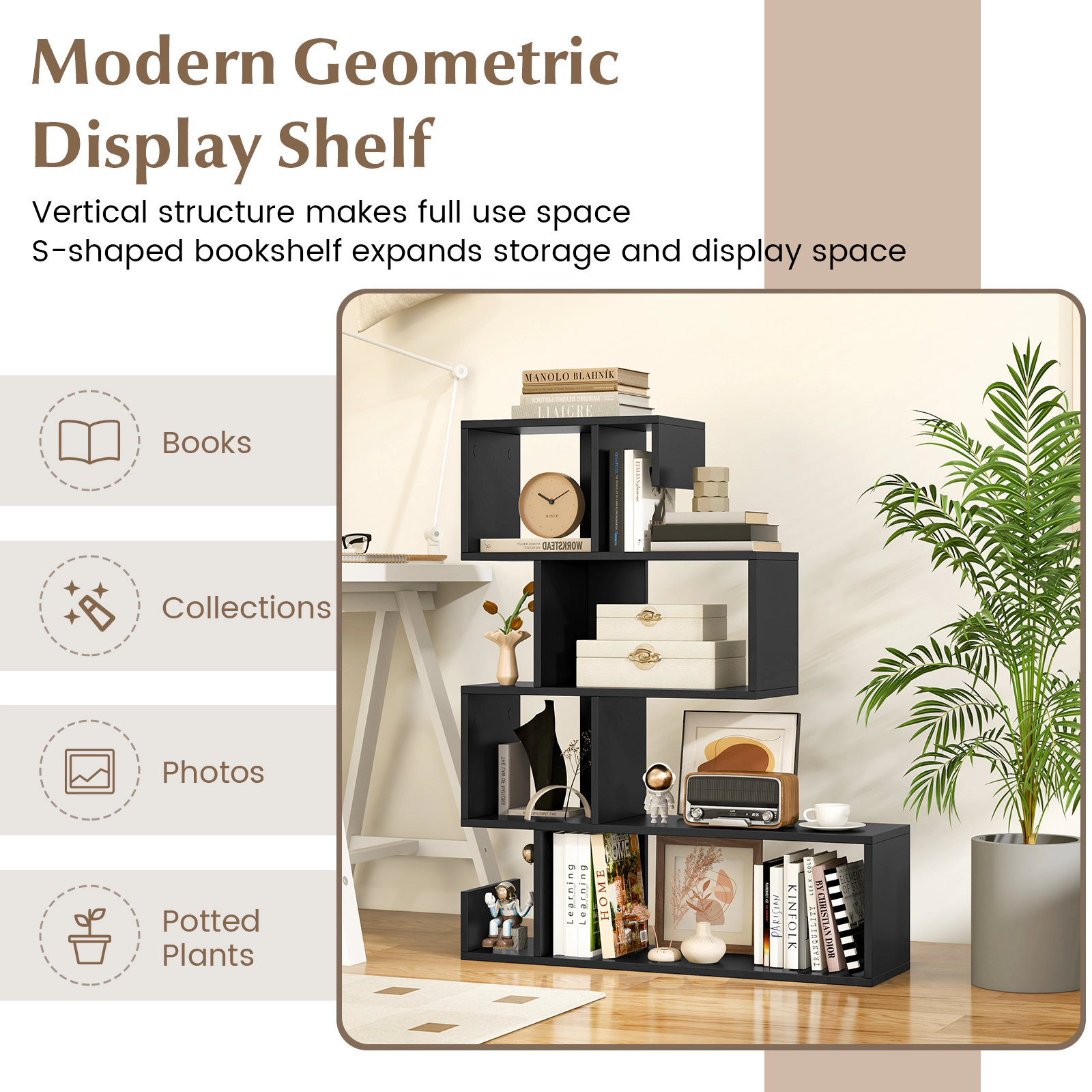 SUGIFT 5-Tier S-Shaped Geometric Z-Shelf Bookcase with Open Cubes 44-lb Top Capacity Engineered Wood 31.5-in Wide Black