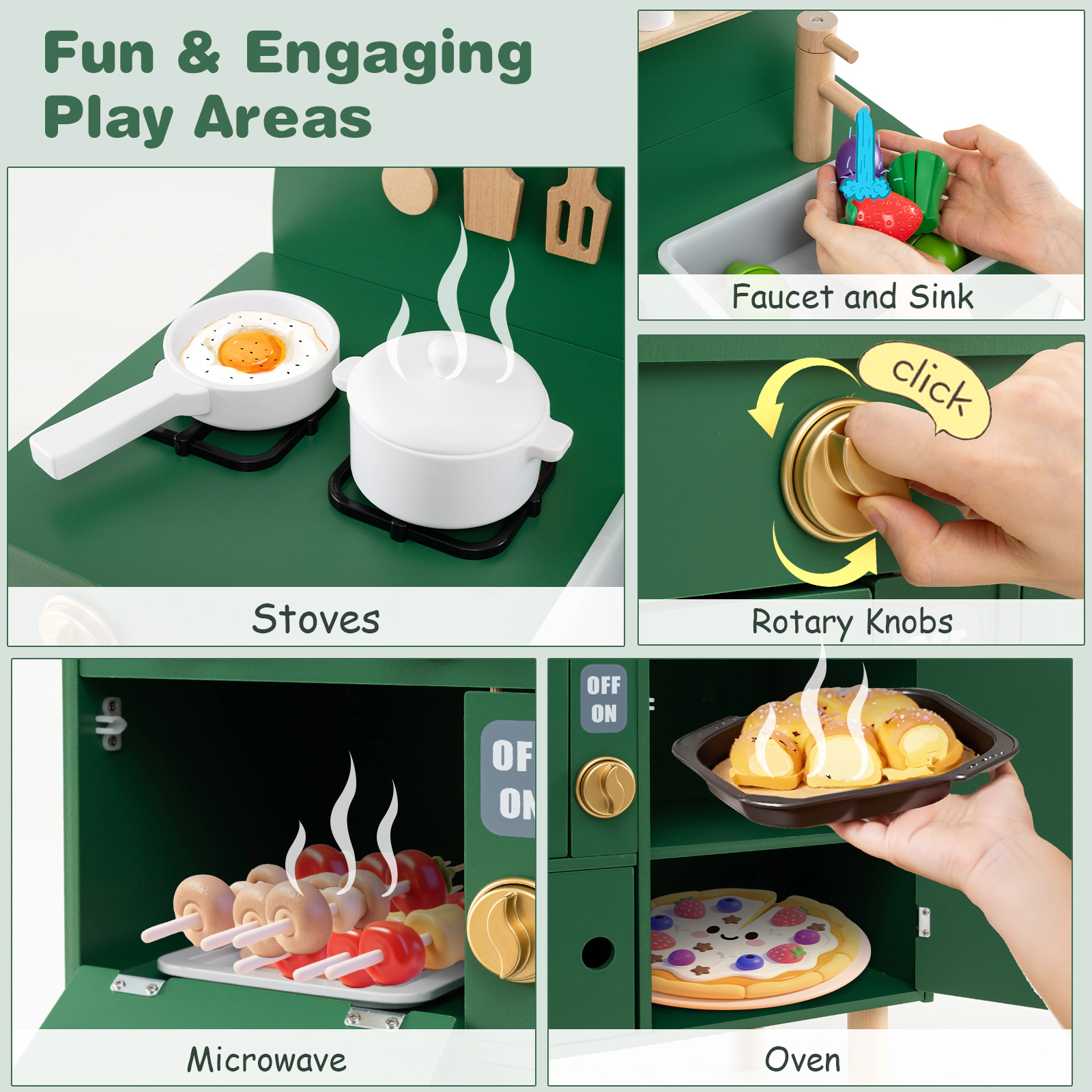 SUGIFT Kids Wooden Play Kitchen 22.5 Playset with Stoves Sink Microwave and Oven