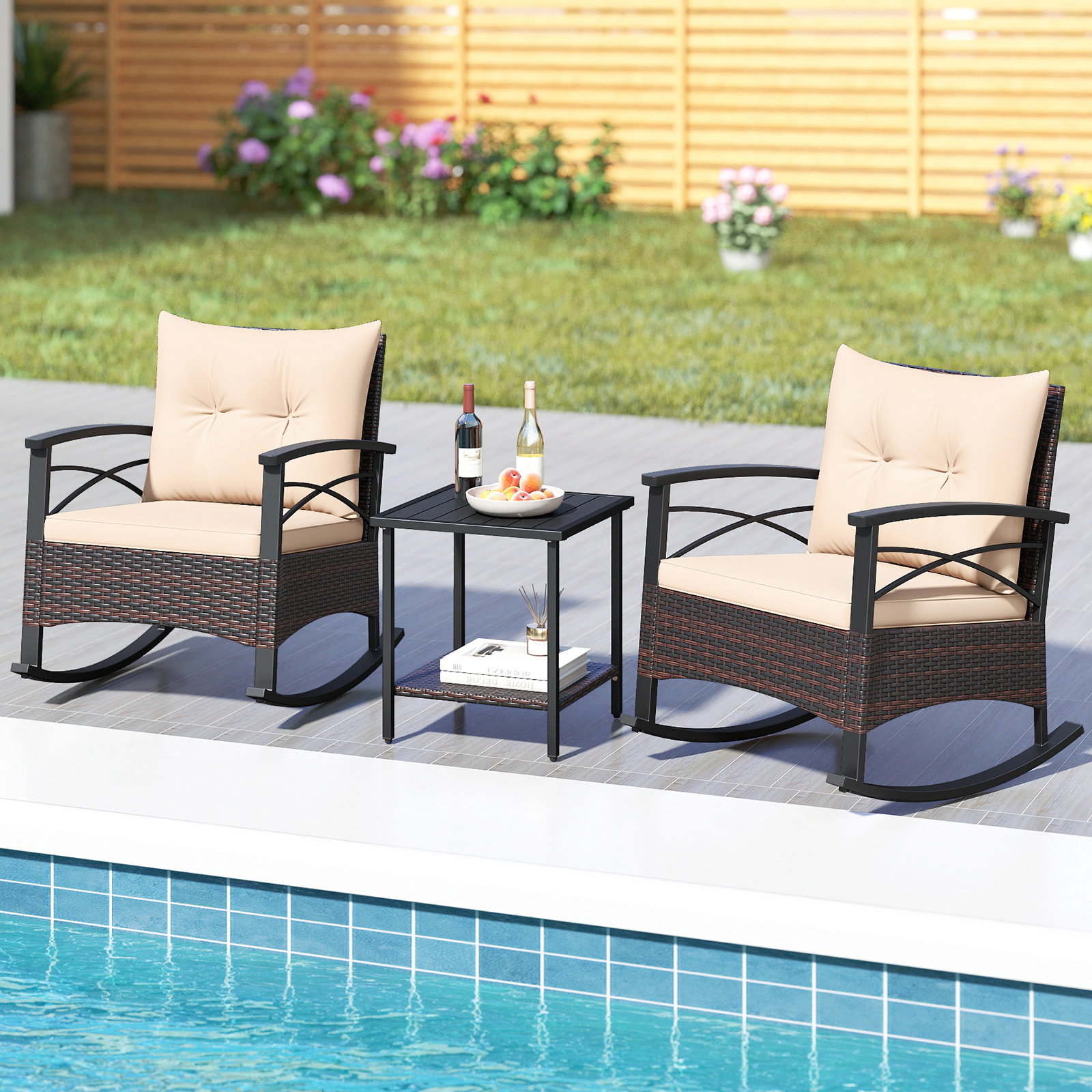 SUGIFT 3-Piece Beige Wicker Rocking Bistro Set with 2 Rocking Chairs and Acacia Wood Side Table