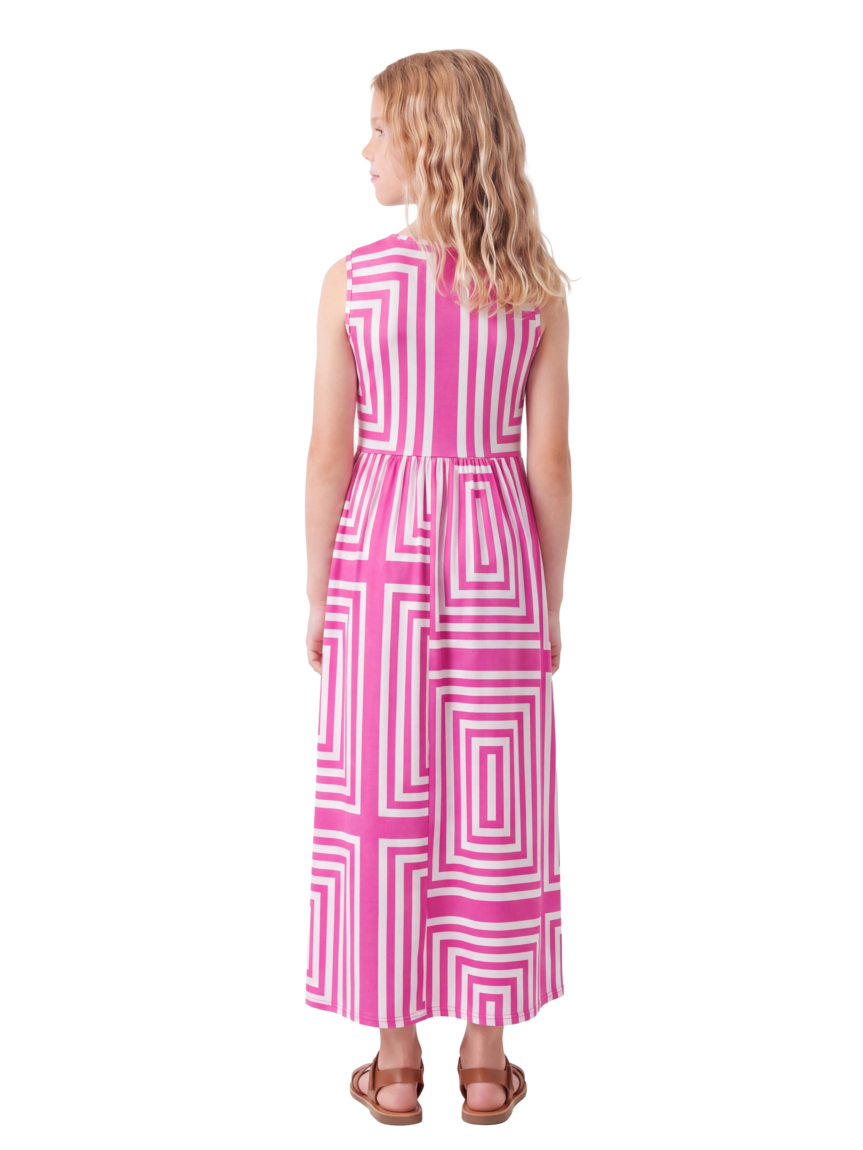 24sevenKid Essential Girls Pink Geometric Print Sleeveless Pocket Maxi Dress