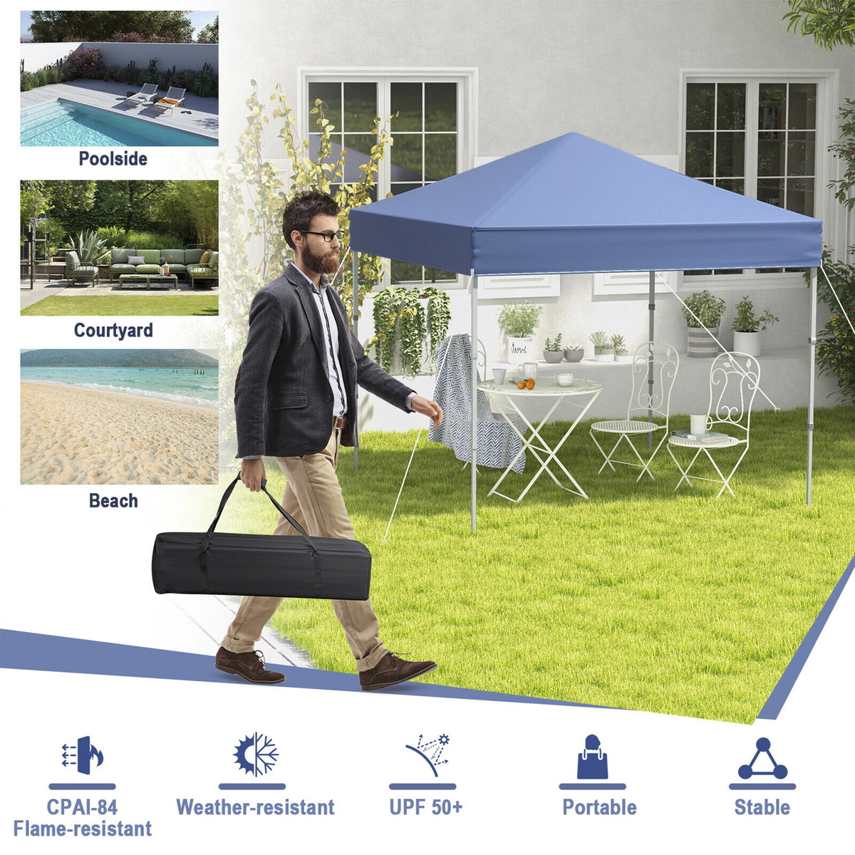 SUGIFT Blue 6.6-ft by 6.6-ft UPF50+ Flame-Resistant Oxford Pop Up Canopy Tent with 34-in Carry Bag