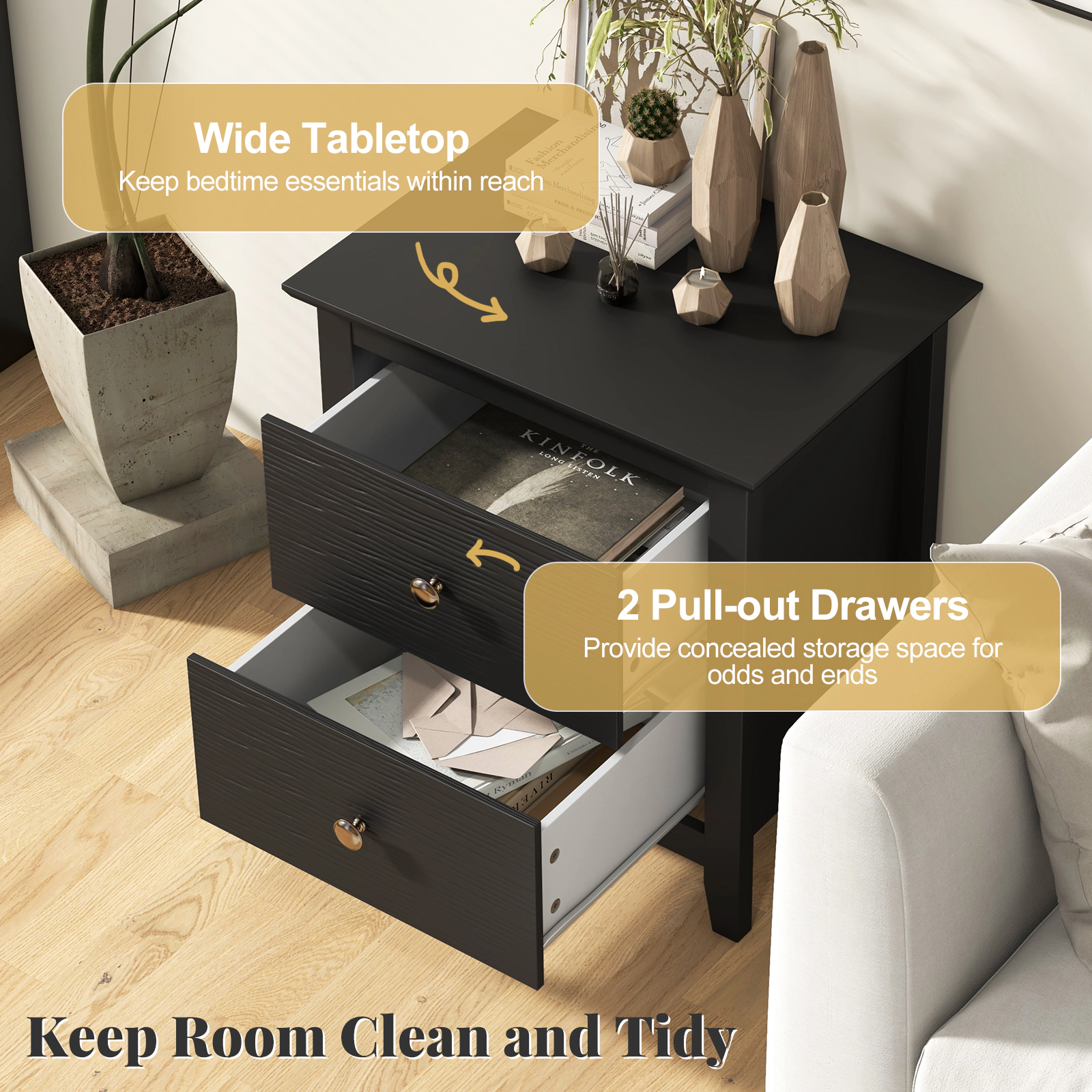 Hivvago Modern Nightstand with 2 Drawers for Small Spaces