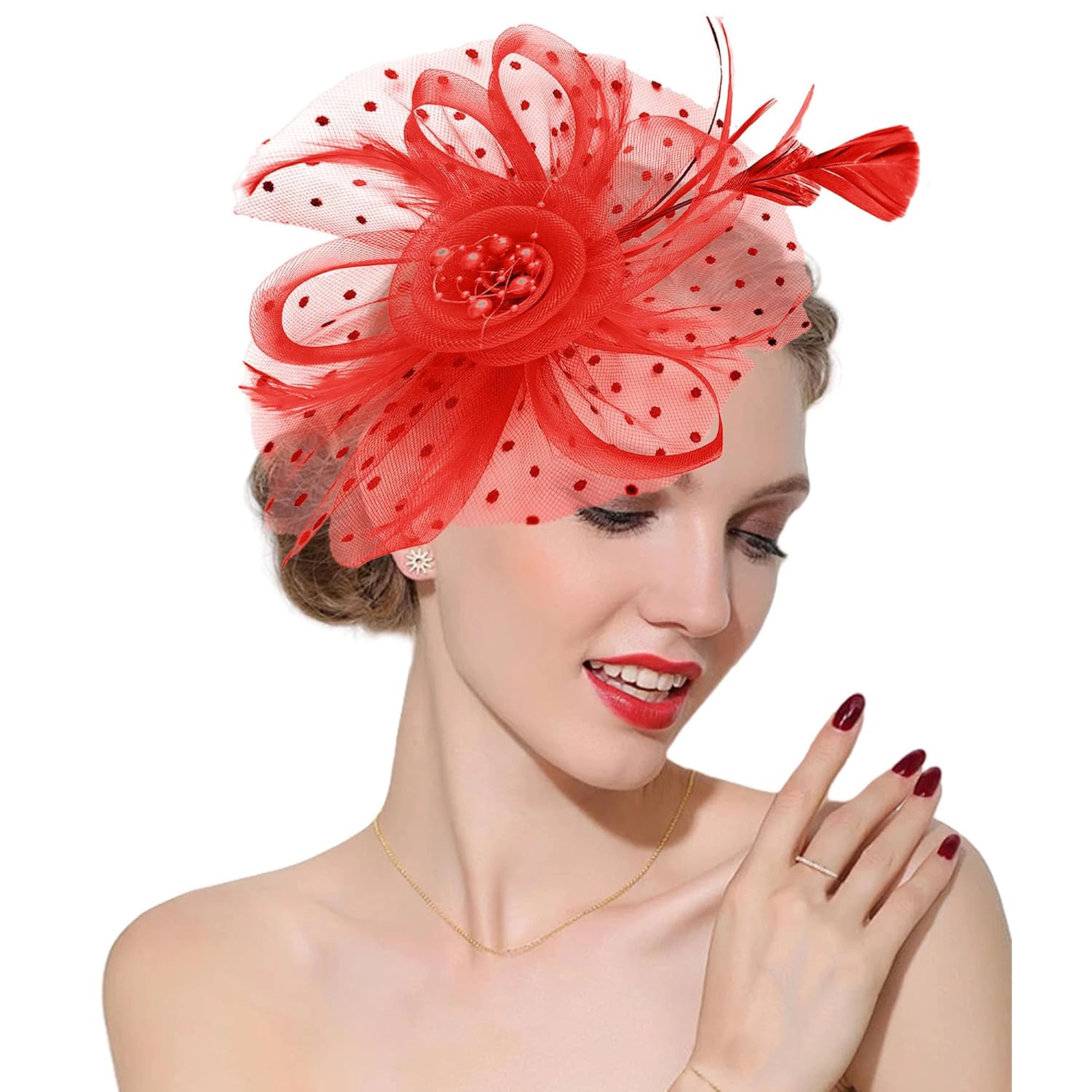 SS Design Red Pillbox Fascinator Hat with Veil for Women