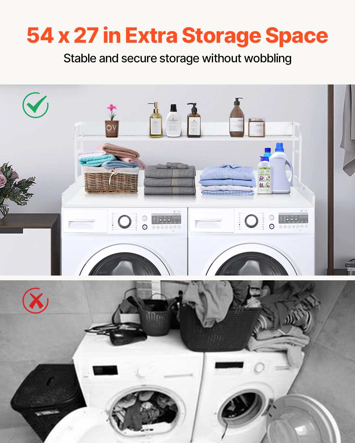 HONGGE Washer Dryer Countertop with 2-Tier Shelf 54" x 27" Wooden Washer and Dryer Countertop with Anti-Slip Pads