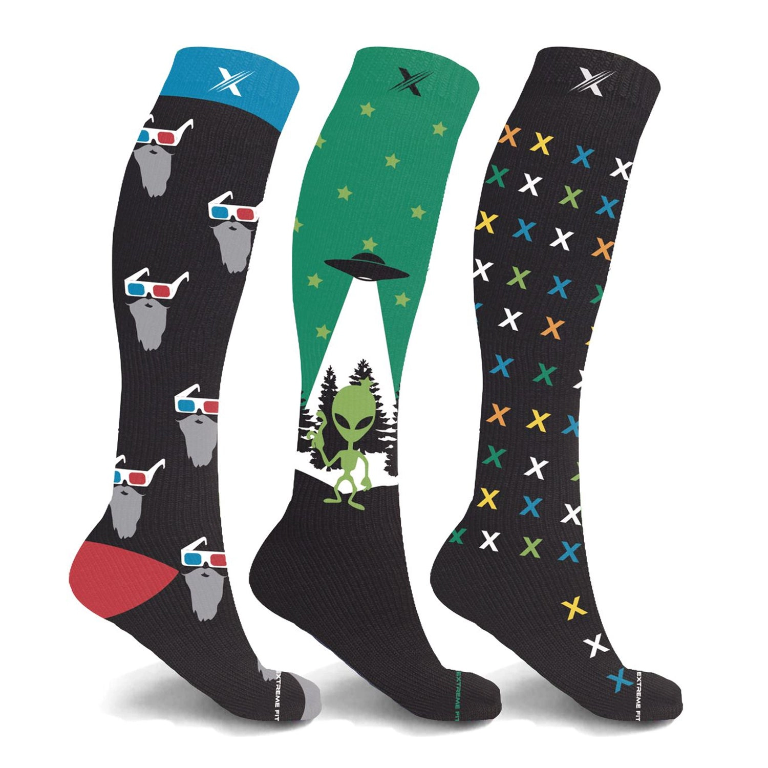 Extreme Fit Glow In The Dark Sport Compression Socks - Knee High Performance Socks - 3 Pair