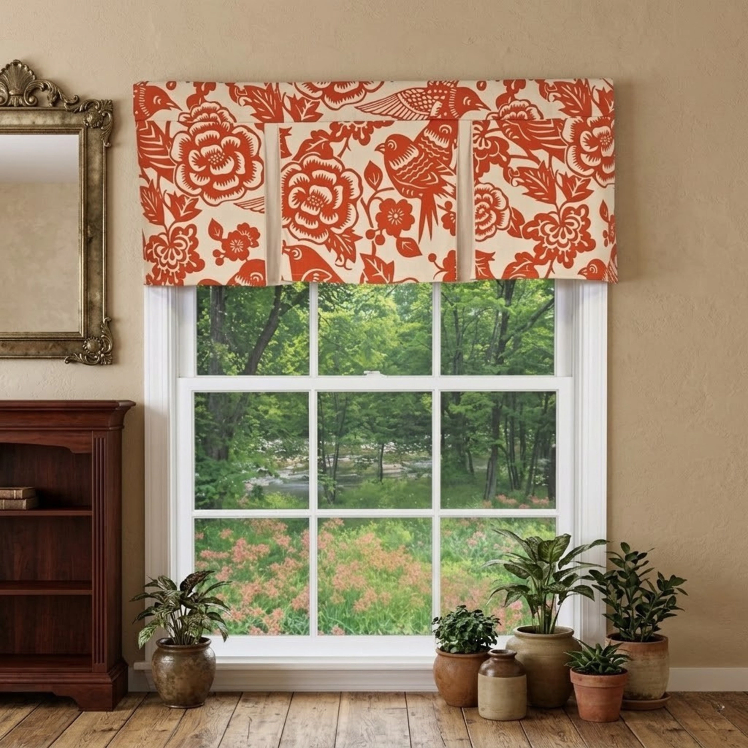 RLF Home Love Bird Pleated Window Valance 100% Cotton Rod Pocket 50" x 17" Orange