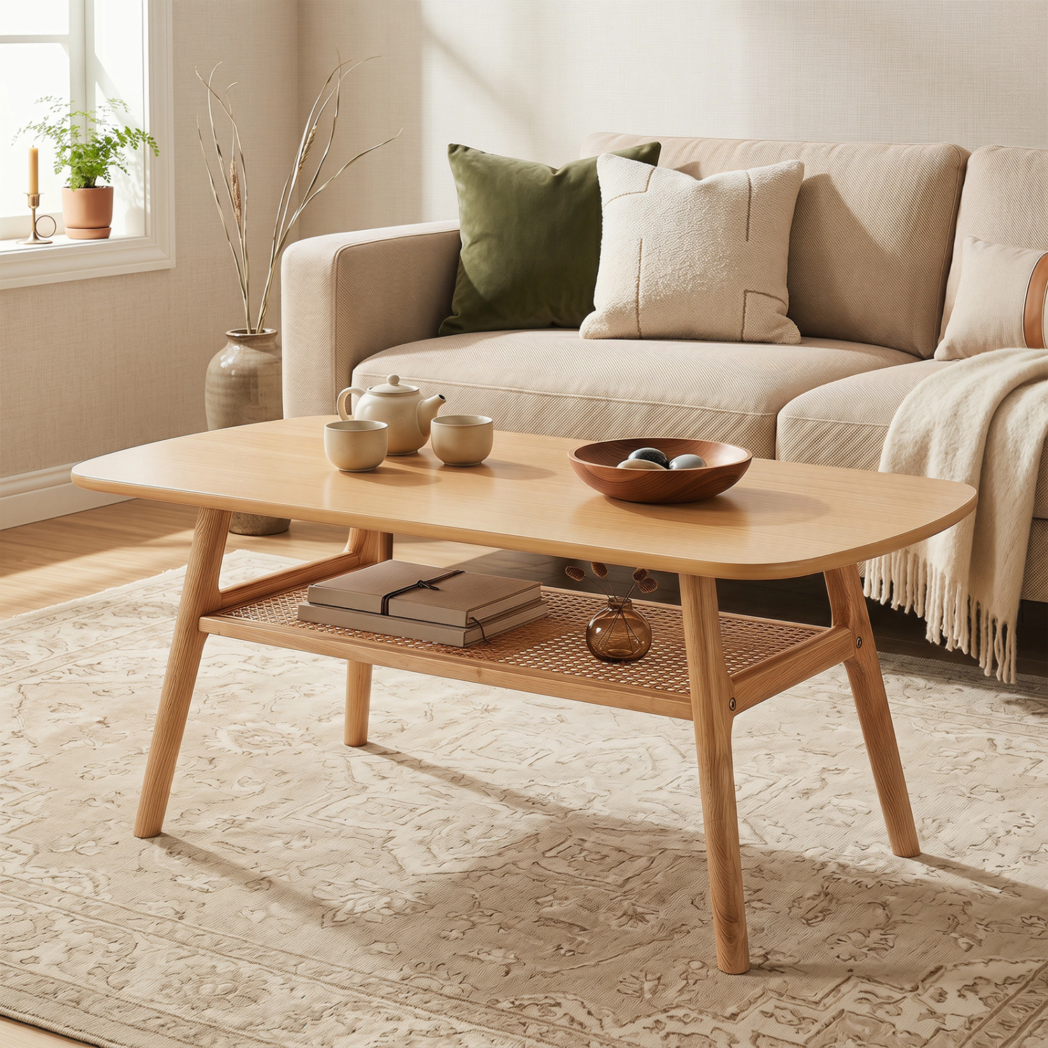 Glintex 2-Tier Boho 39.5-Inch Rattan Coffee Table with Rounded Corners