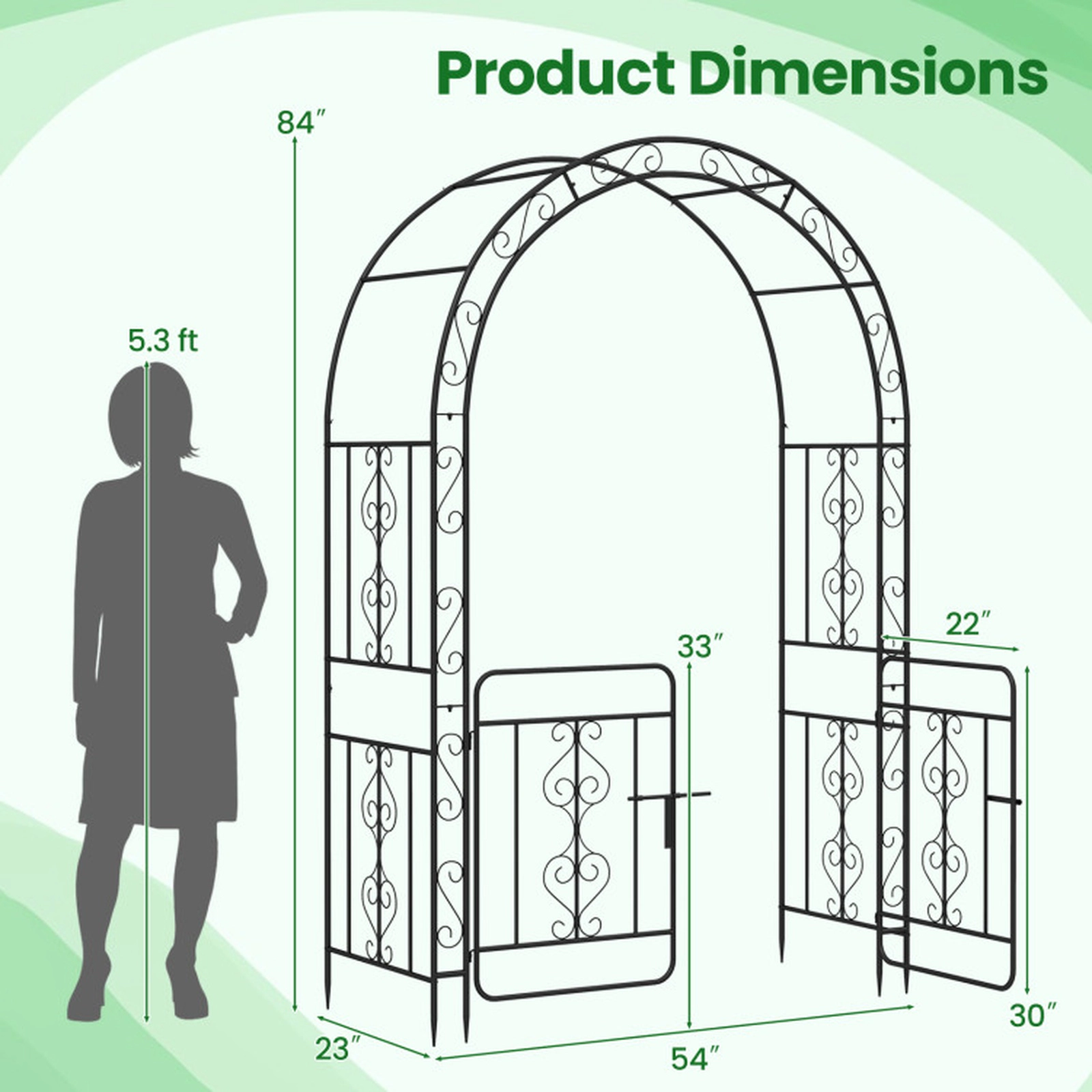 SUGIFT Black Galvanized Metal Garden Arbor with Gate Side Crossbars and 4 Ground Stakes 54-in W 23-in D 84-in H