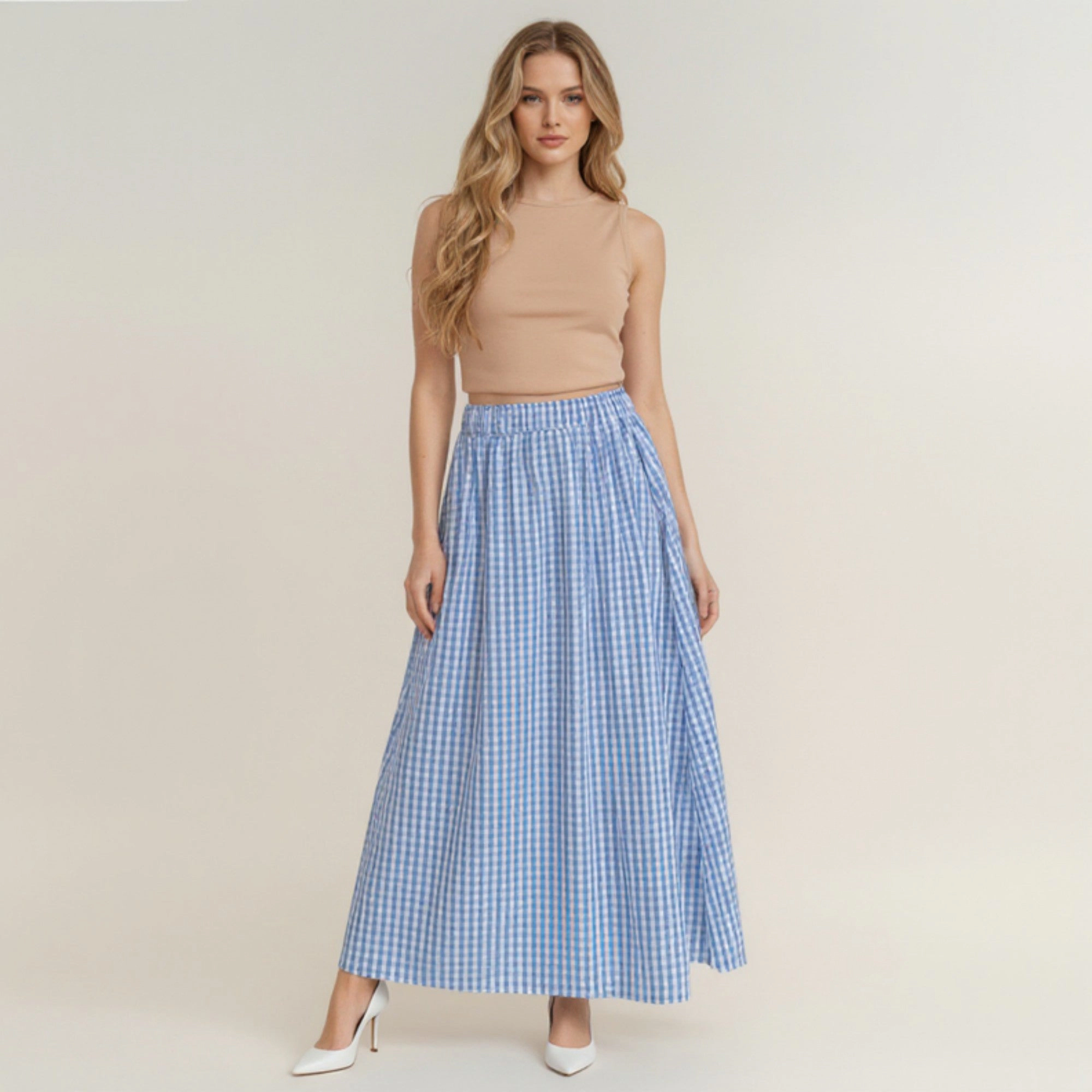 Anna-Kaci Womens Gingham Gathered Maxi Skirt with Wide Waistband