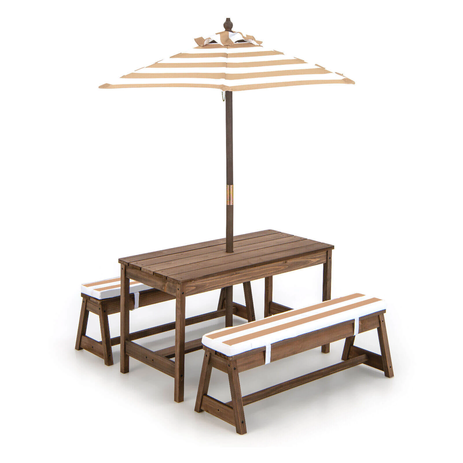 SUGIFT Brown Padded Cushions and Adjustable Umbrella Kids Fir Wood Picnic Table and Bench Set