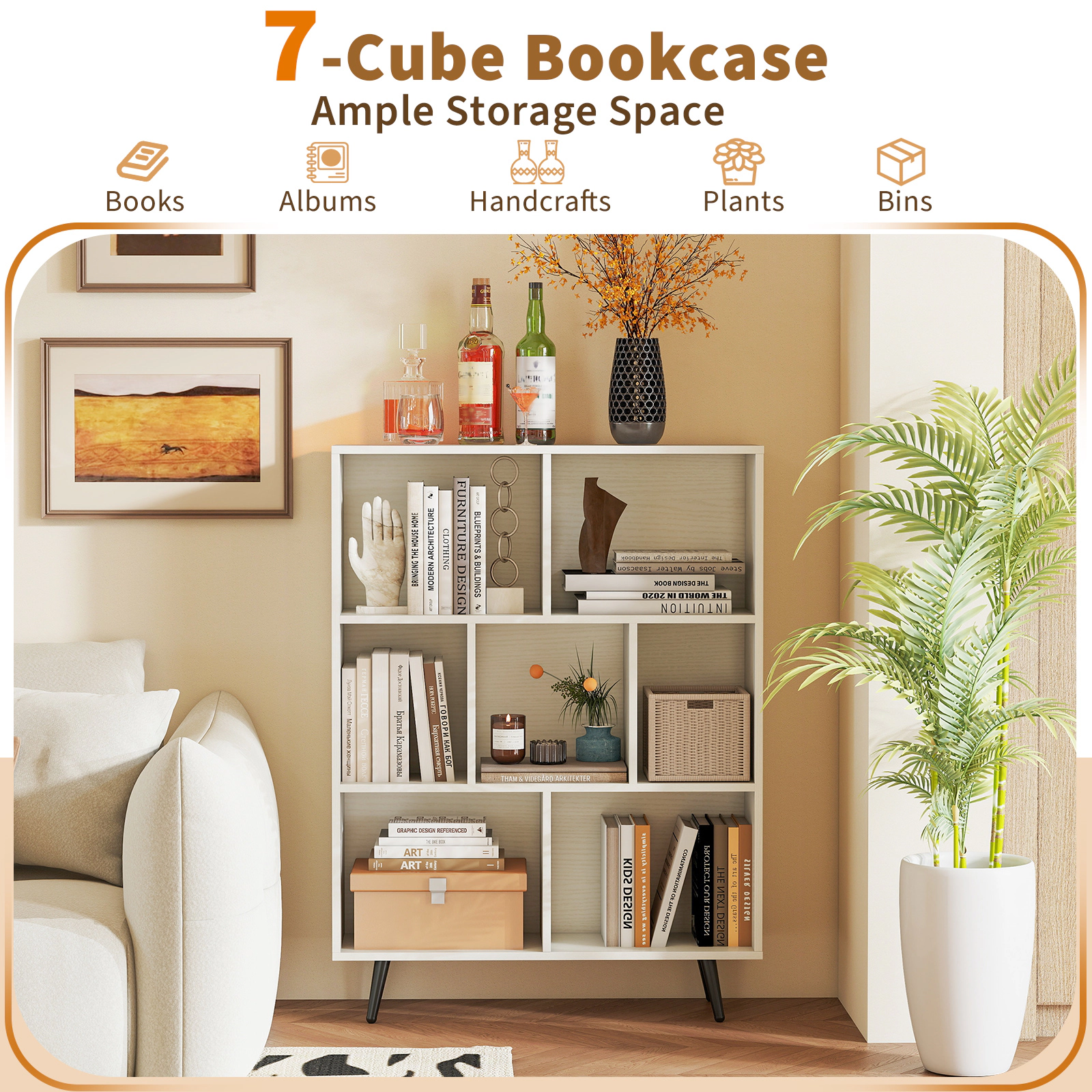 SUGIFT 7-Cube White 42-in Tall Cube Storage Organizer Bookshelf with Tapered Metal Legs and 100-lb Top