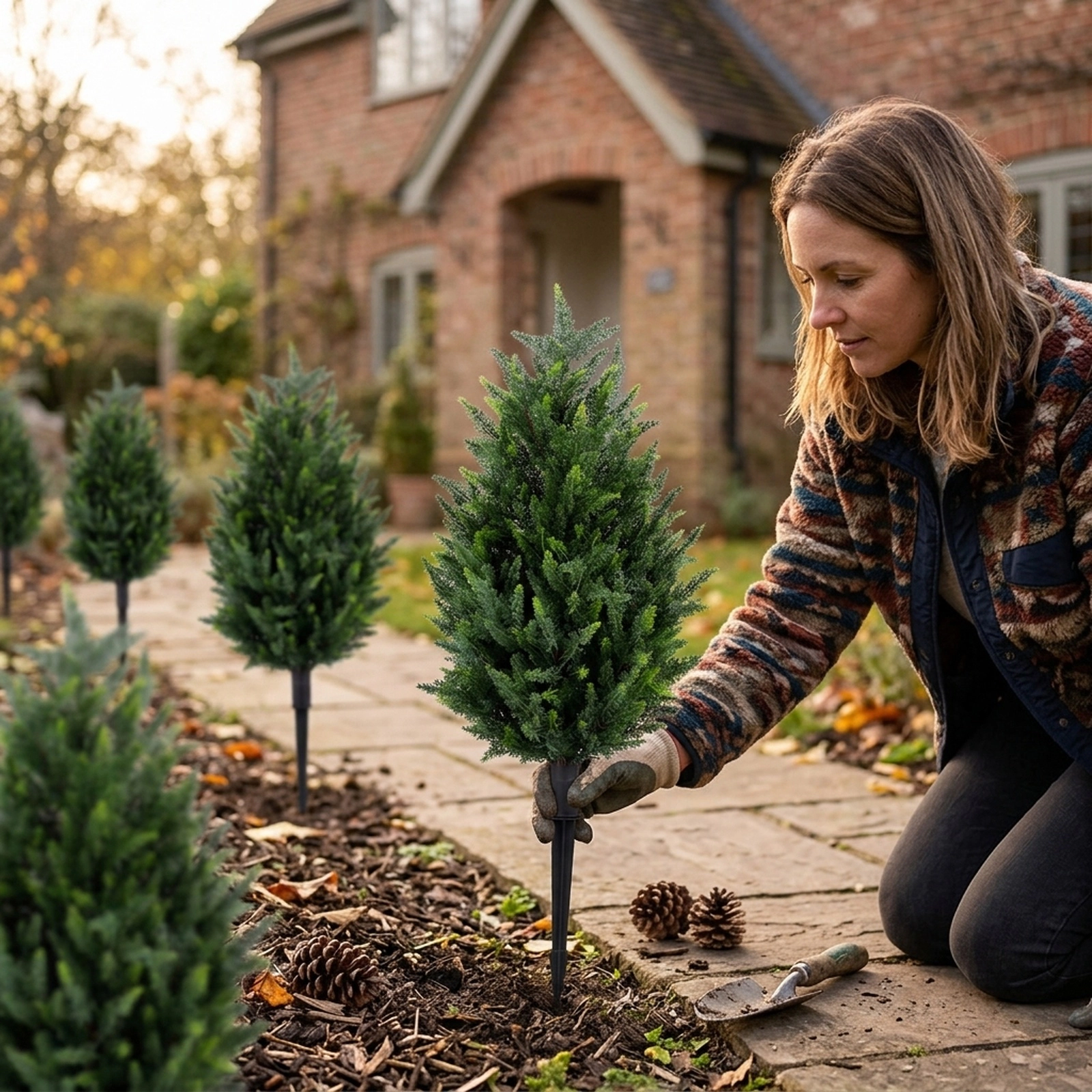 SUGIFT Dense Foliage Artificial Cypress Topiary Trees with Ground Spikes 35.5-in Tall Green & Black for Indoor Outdoor