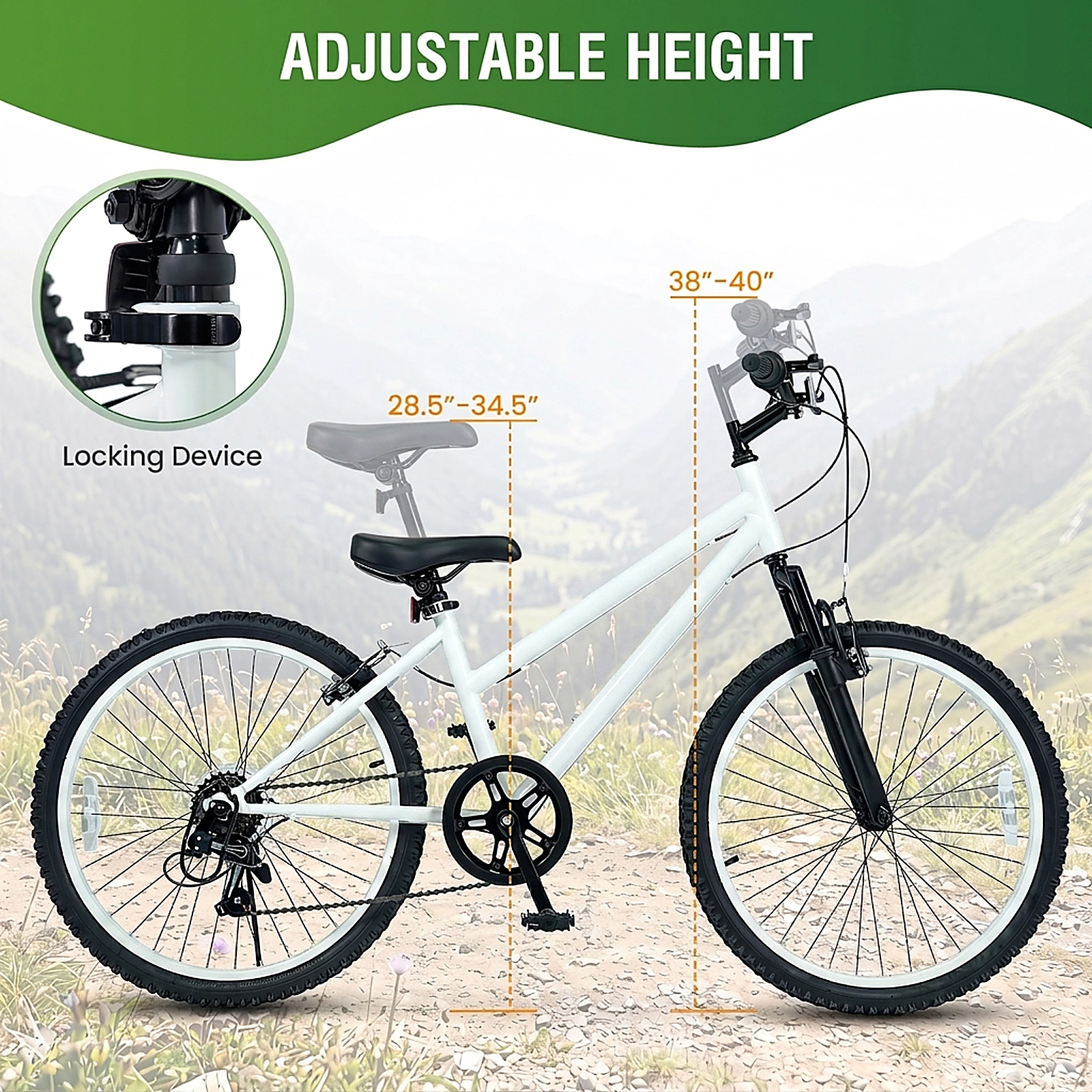 SUGIFT 24-Inch Kids Mountain Bike with 7-Speed Shifter and Suspension Fork 220-lb Capacity Ages 8+ White