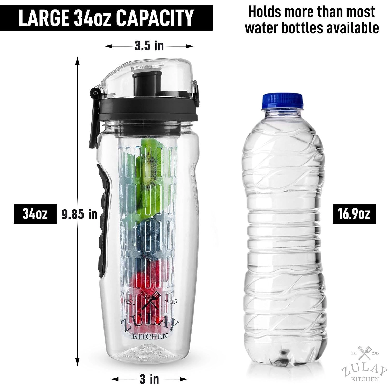 Zulay Kitchen Fruit Infuser Water Bottle - 34oz Leakproof With Full-Length Infusion Rod