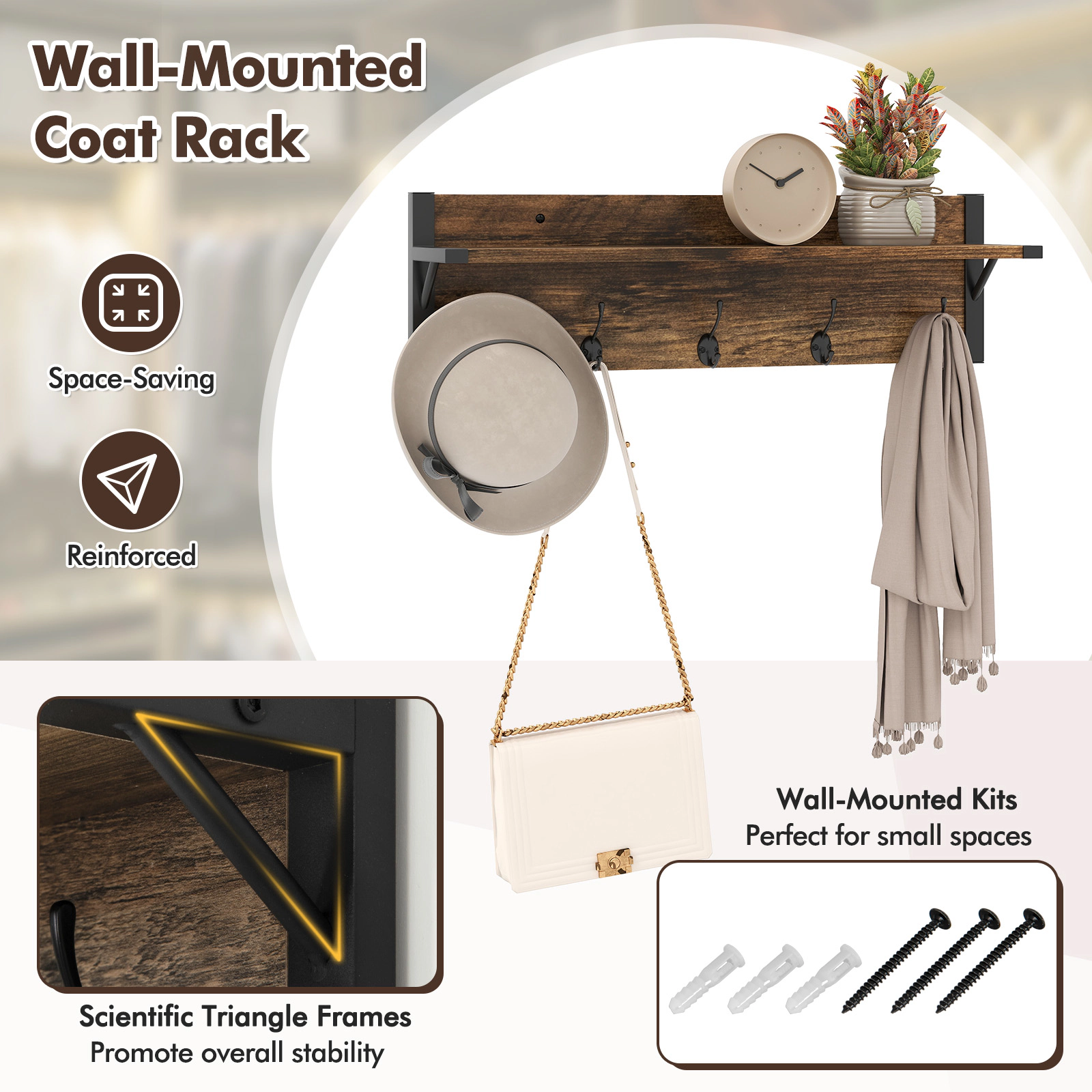 SUGIFT Brown Wall Mounted Coat Hanger 5-Tier Coat Rack and Shoe Stand Set Shoe Rack