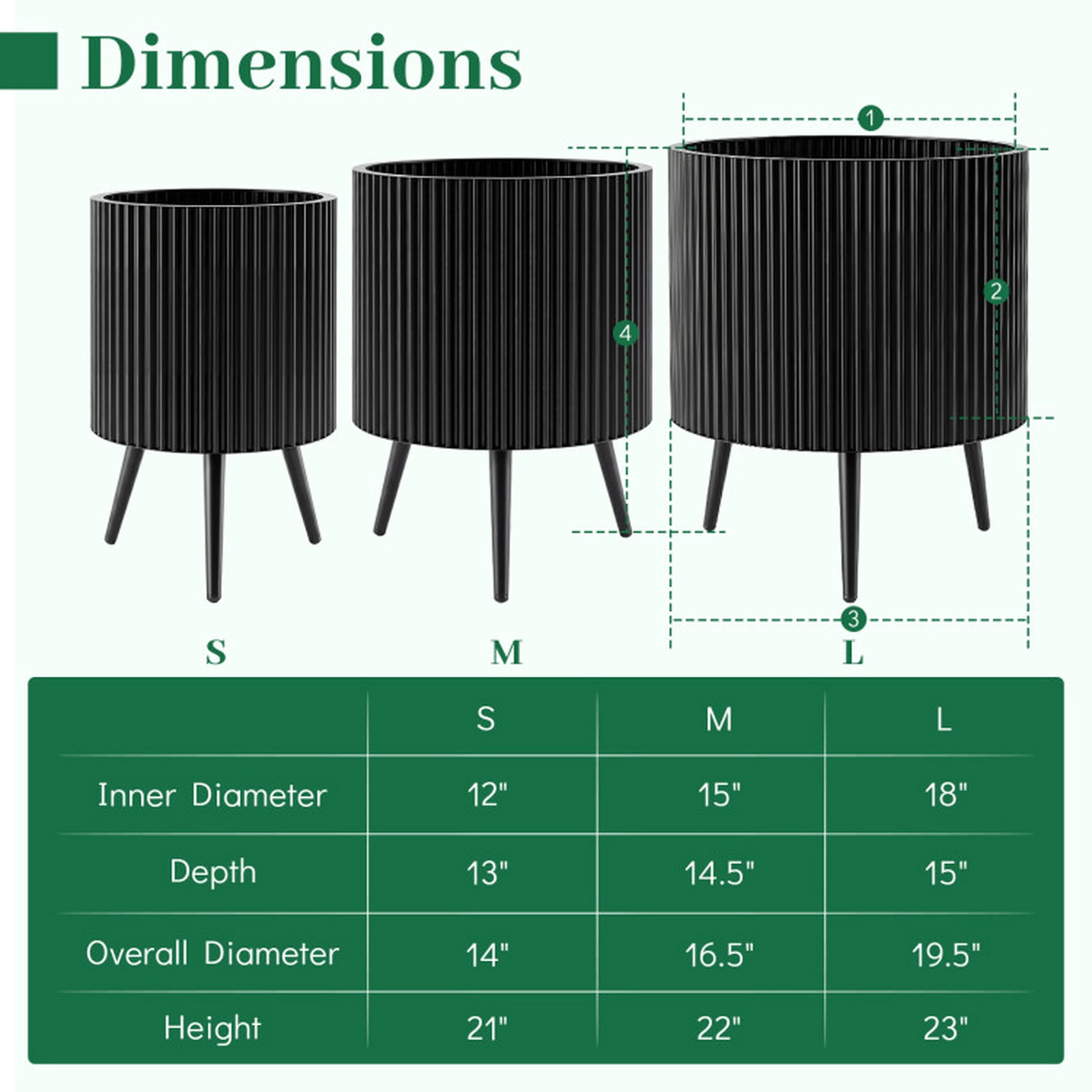 SUGIFT Fluted Alloy Metal Plant Pot with Stand 110-lb Capacity 14 x 21 in 16.5 x 22 in 20 x 23 in 1-Piece Black