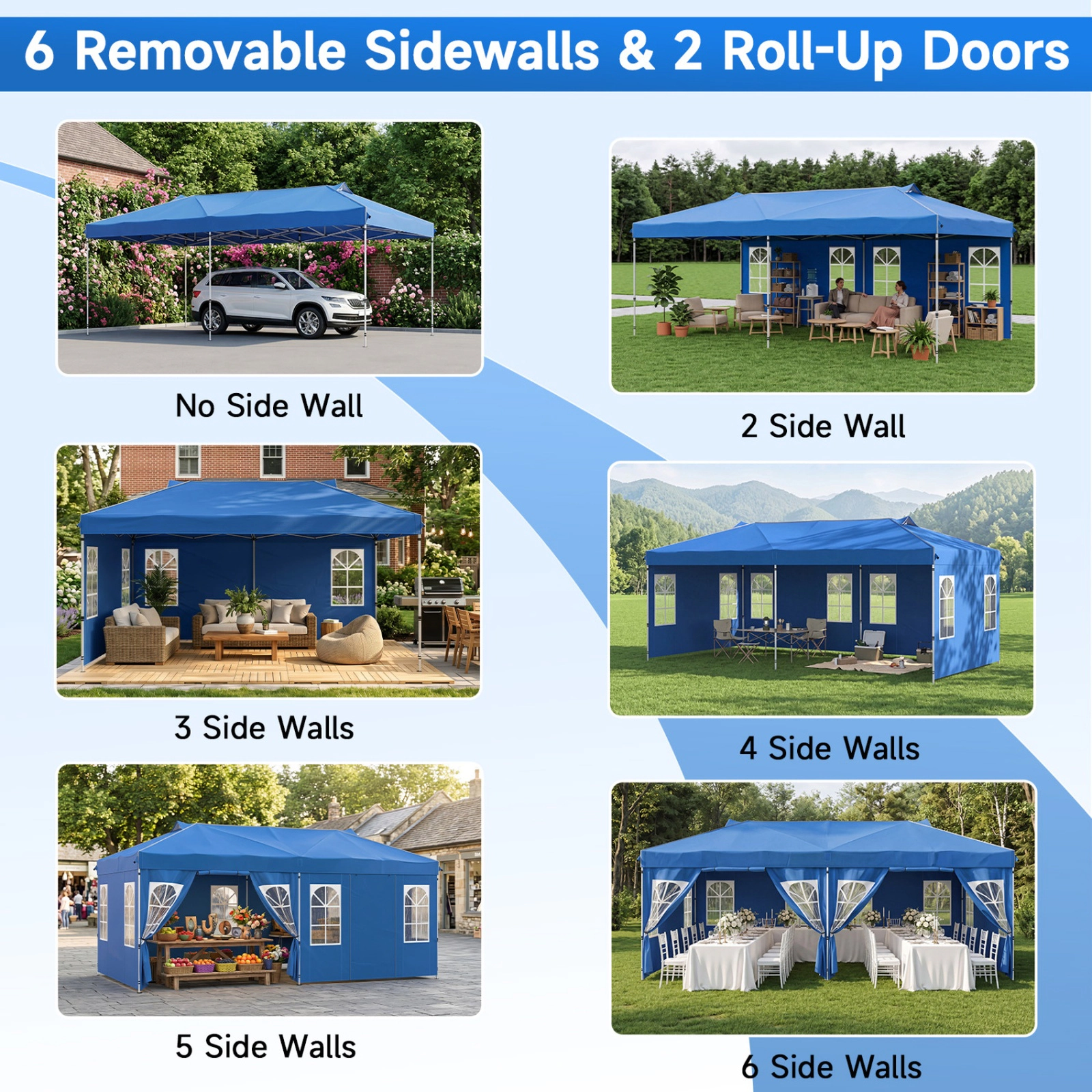 SUGIFT Blue 10-ft by 20-ft 3-Level 210D Oxford Pop Up Canopy Tent with 6 Sidewalls and Zippered Doors