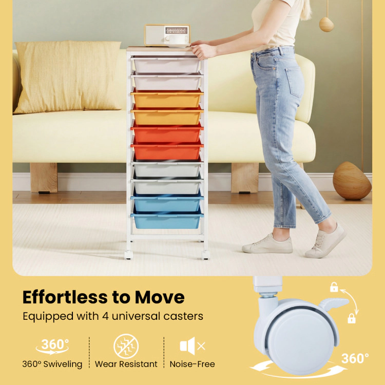 Hivvago 10-Drawer Rolling Storage Cart Mobile Utility Organizer With Wooden Tabletop And Lockable Wheels