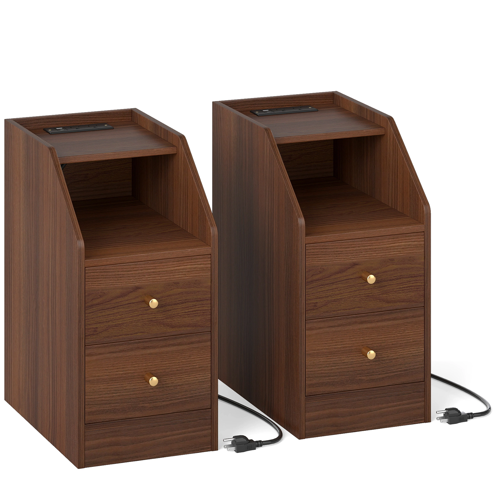 LJG Set of 2 Side End Tables with Charging Station Sofa Couch Tables with Shelf Drawers