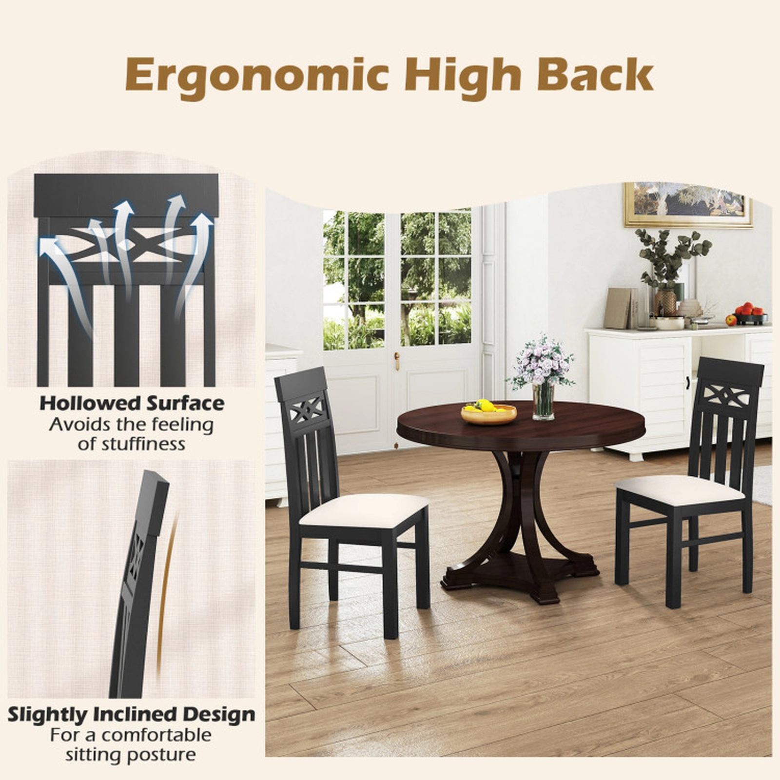 SUGIFT Black High Back Padded Seat and Rubber Wood Frame Set of 2 Dining Chairs