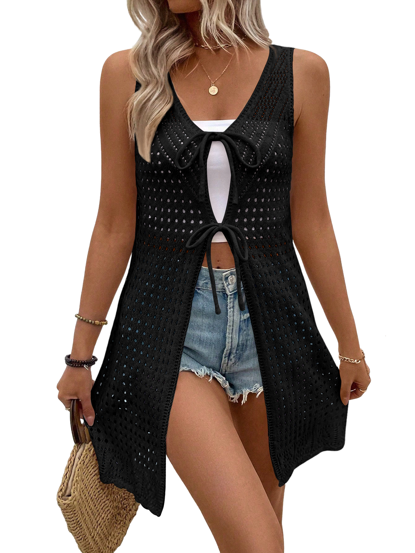 KOJOOIN Women's Hollow Knit Lightweight Cardigan Sleeveless Open Tie Front Cover Up Shrug Top