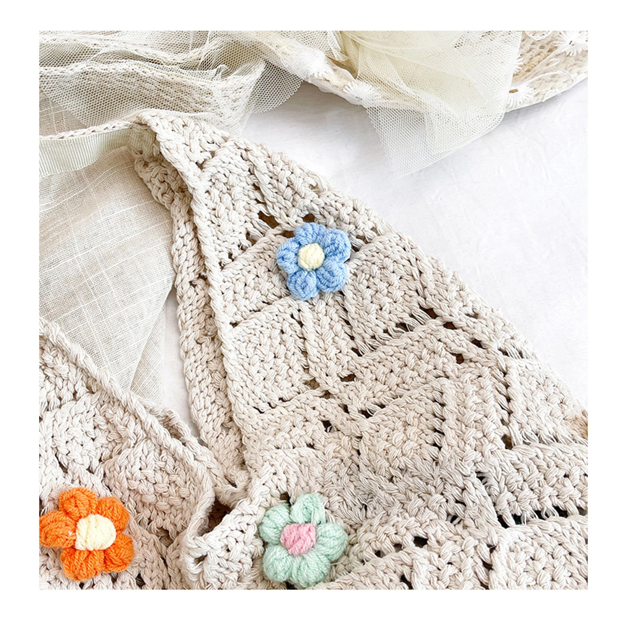 Alilang Women's Crochet Woven Shoulder Bag with Floral Applique Open Knit Hobo Design