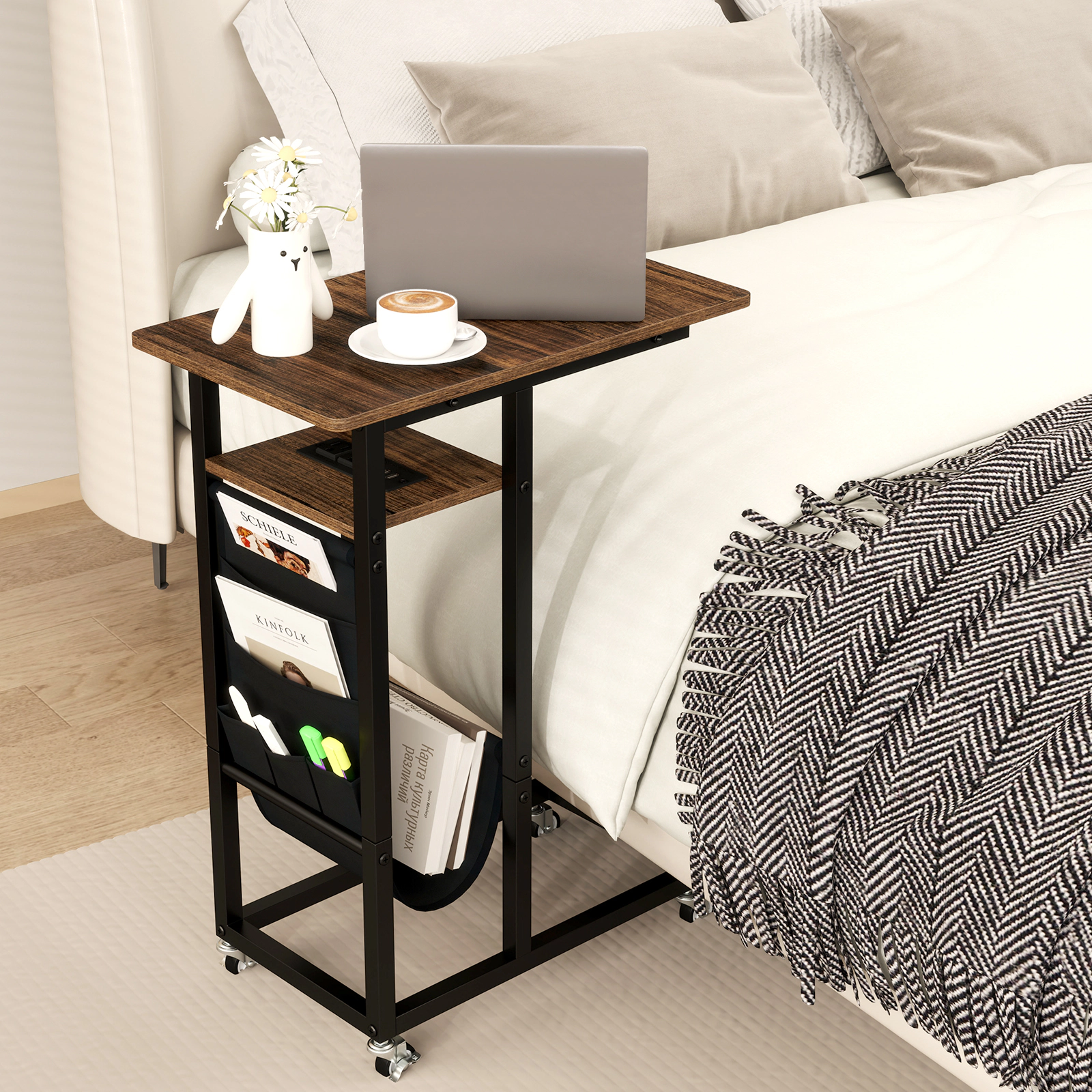 LJG C-shaped End Table with Charging Station and Retractable Tabletop