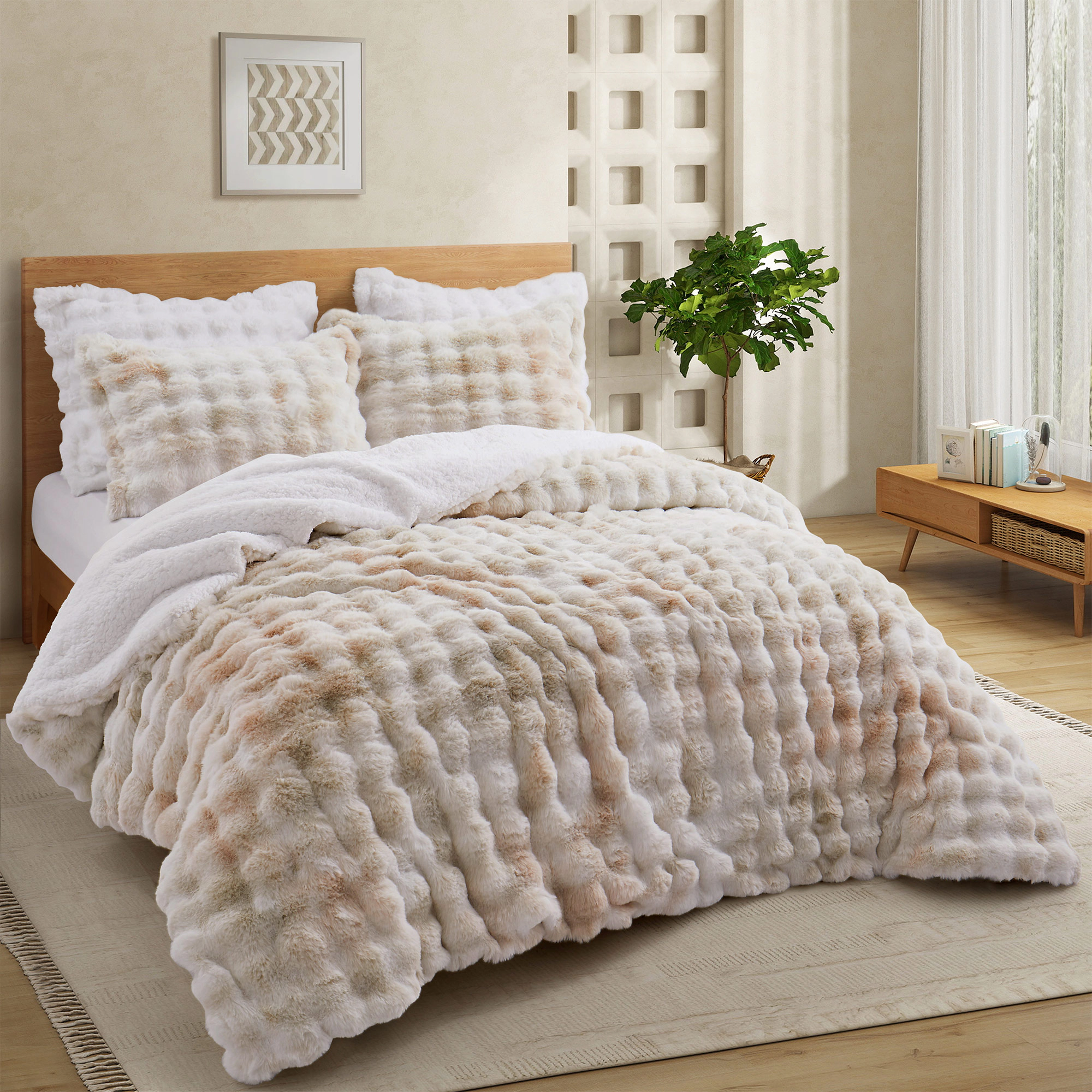 PEACENEST 3-Piece Reversible Plush Comforter Set with Sherpa Reverse and 2 Pillow Shams