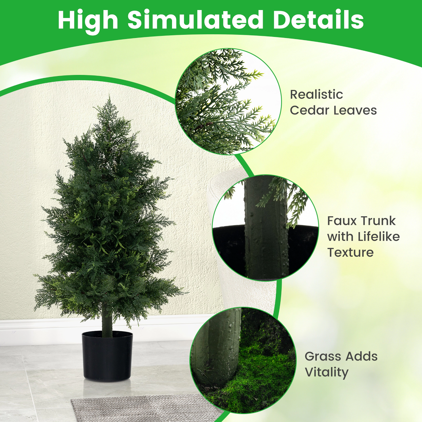 SUGIFT Realistic Cedar Foliage Artificial Topiary Tree with Plastic Nursery Pot 31.5-in Tall 1-Piece Green & Black