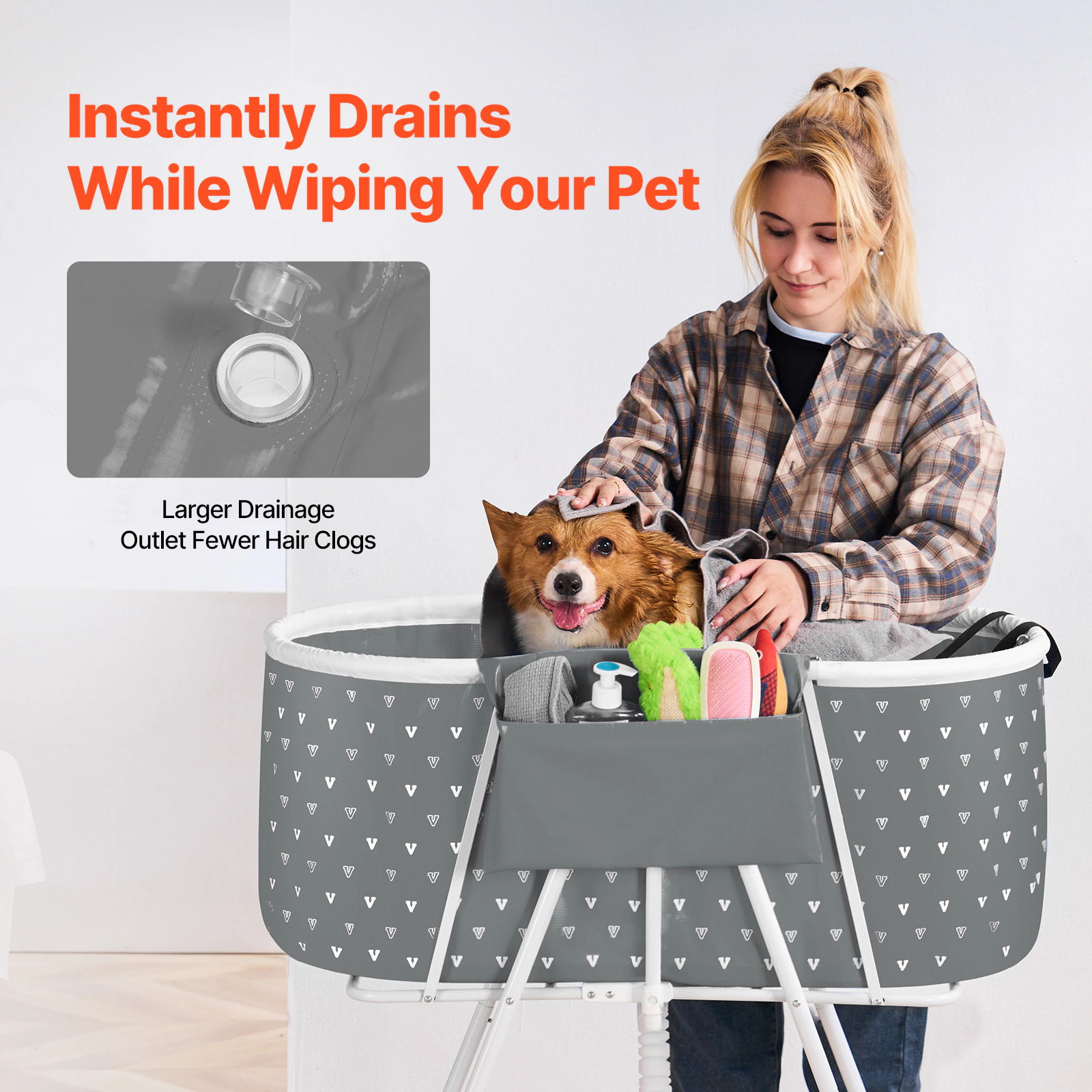 HONGGE Portable Dog Bathtub, Elevated & Foldable Space-saving Pet Shower Station with Drainage