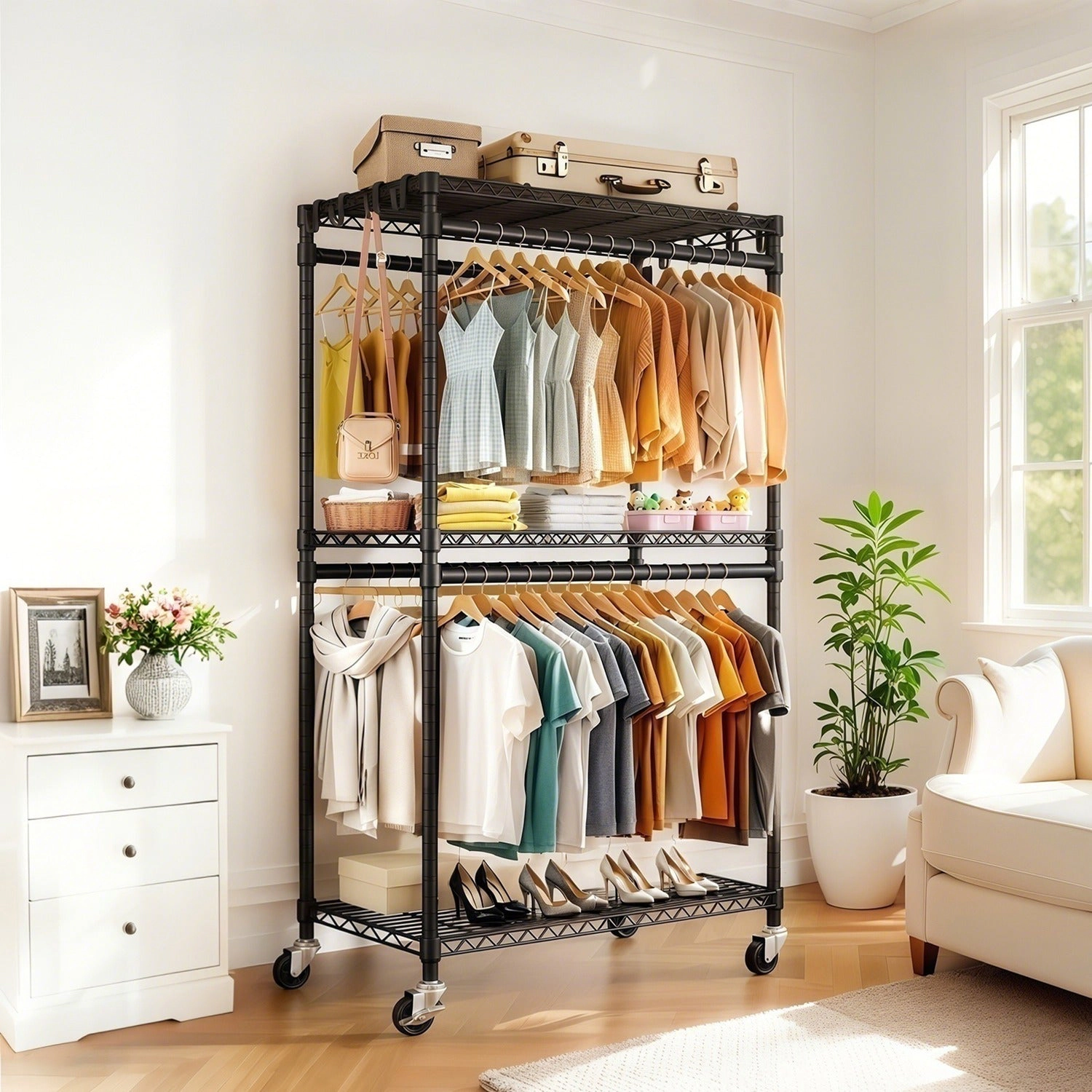 GBruno Heavy Duty Rolling Clothes Rack With Shelves