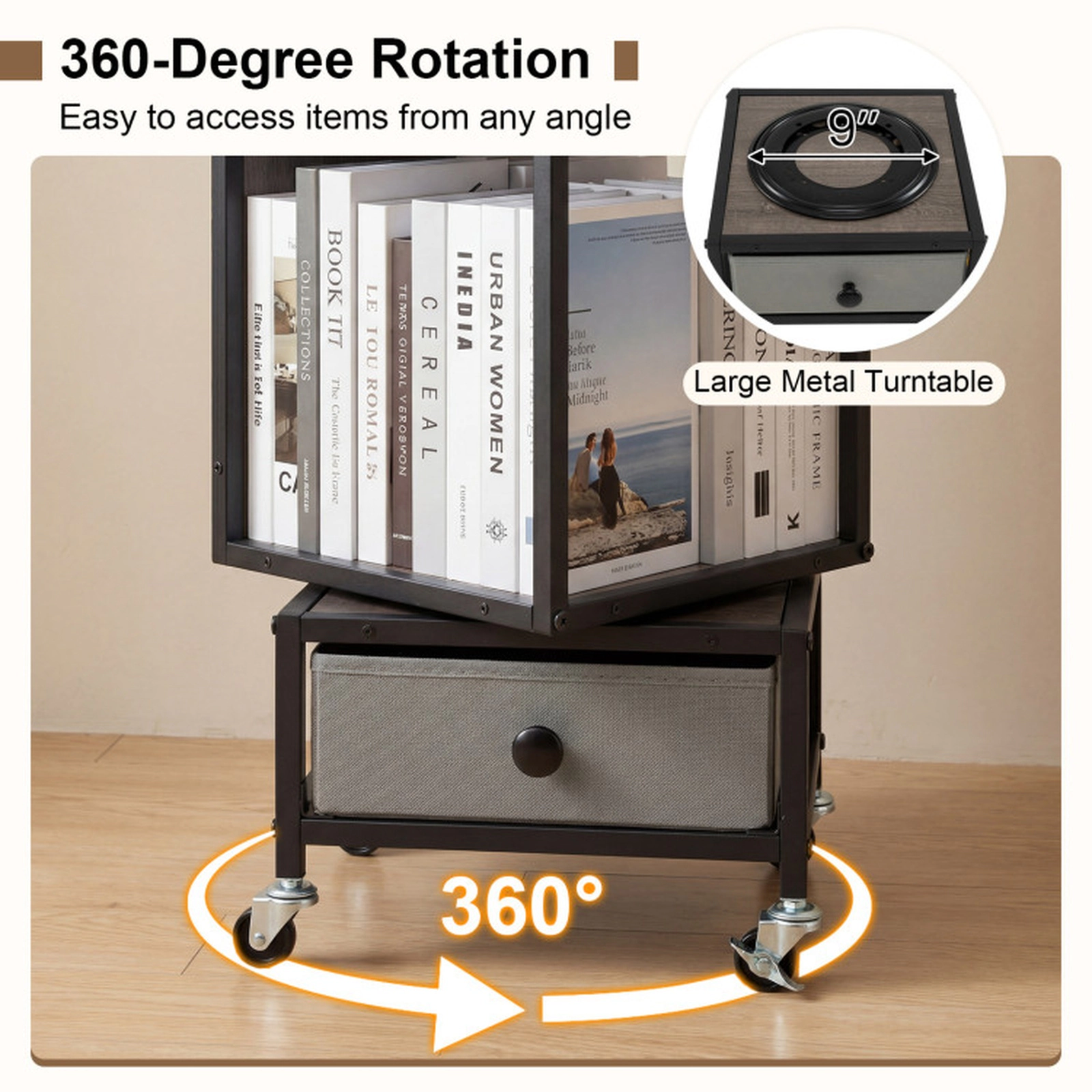 SUGIFT 4-Tier Rotating Bookshelf on Wheels with Removable Drawer 44-lb Shelf Capacity Gray Black White