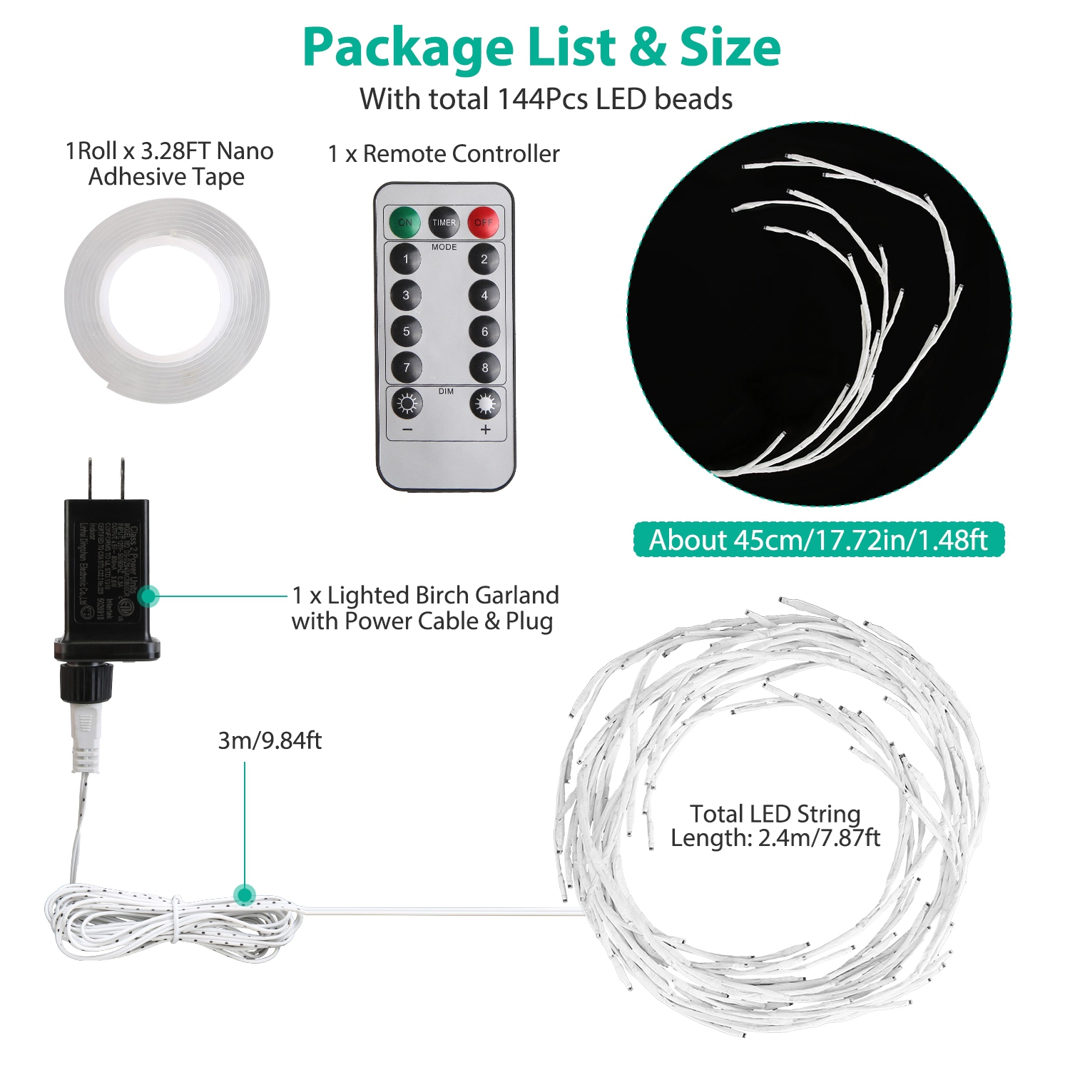 GBruno 144-LED Birch Garland String Lights With Timer