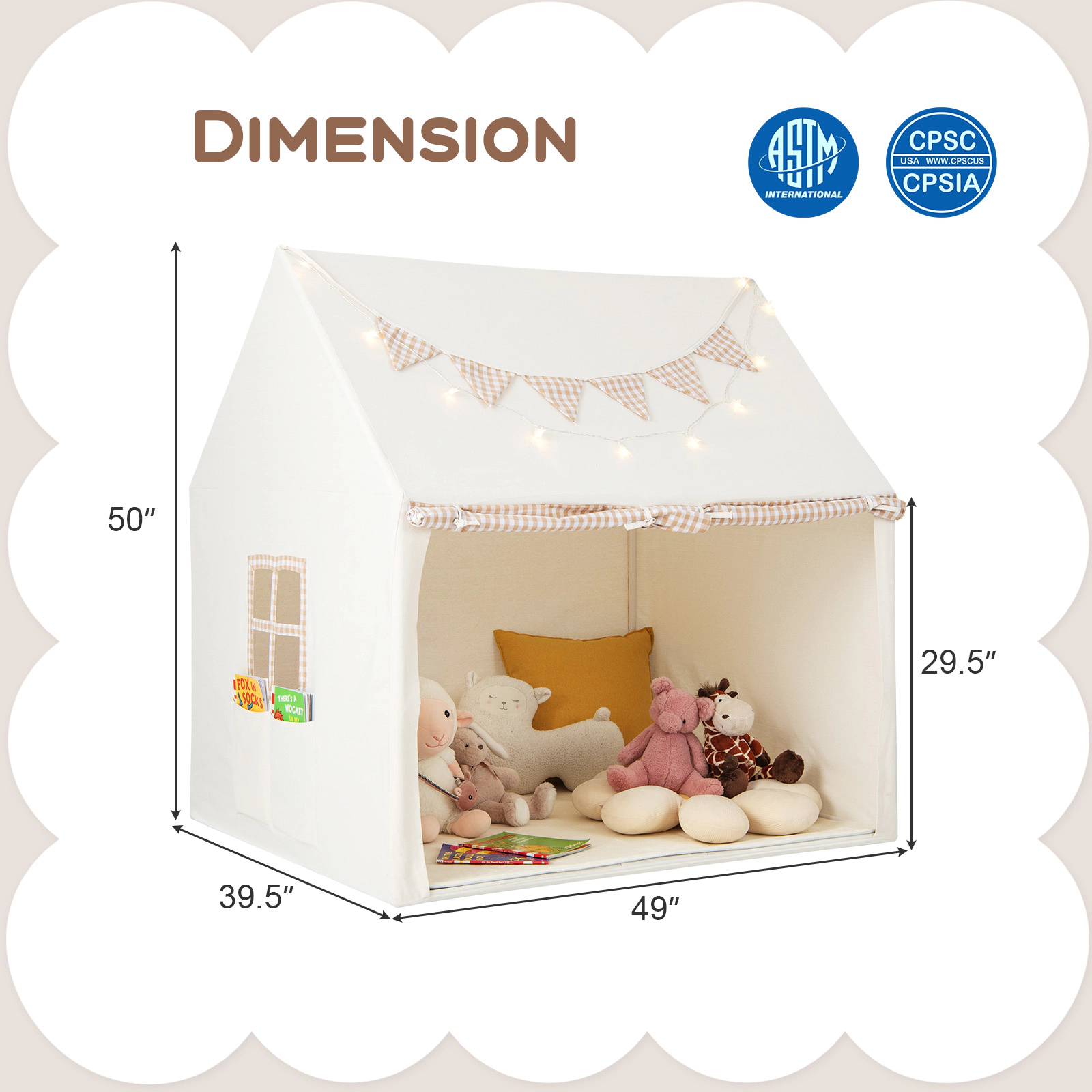 SUGIFT Beige Padded Mat and 2 Breathable Windows Large Kids Play Tent Playhouse