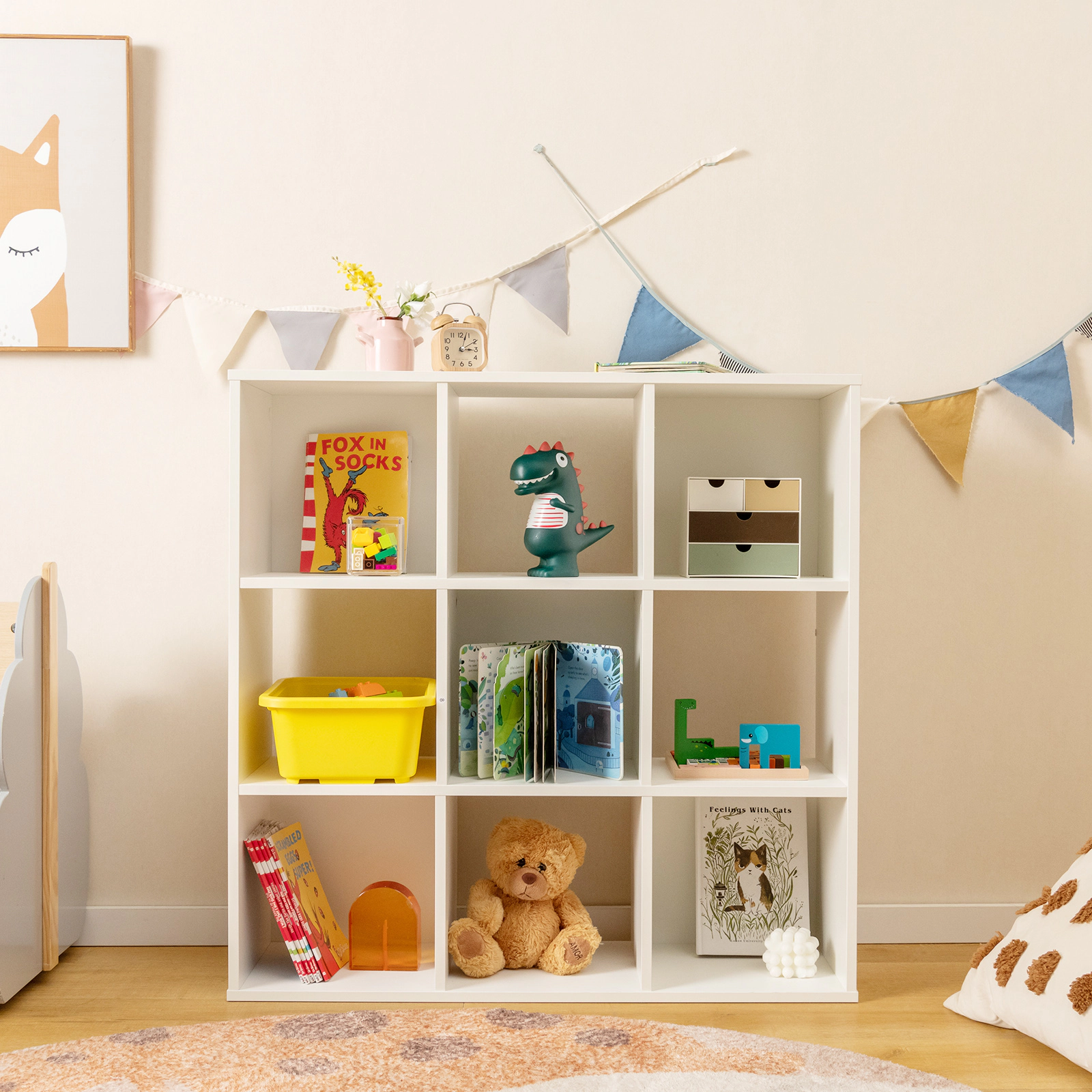 SUGIFT Kids 9-Cube Storage Cubbies Anti-Toppling Wooden Toy Bookcase 35.5-in x 11.5-in x 35.5-in 155-lb Top White