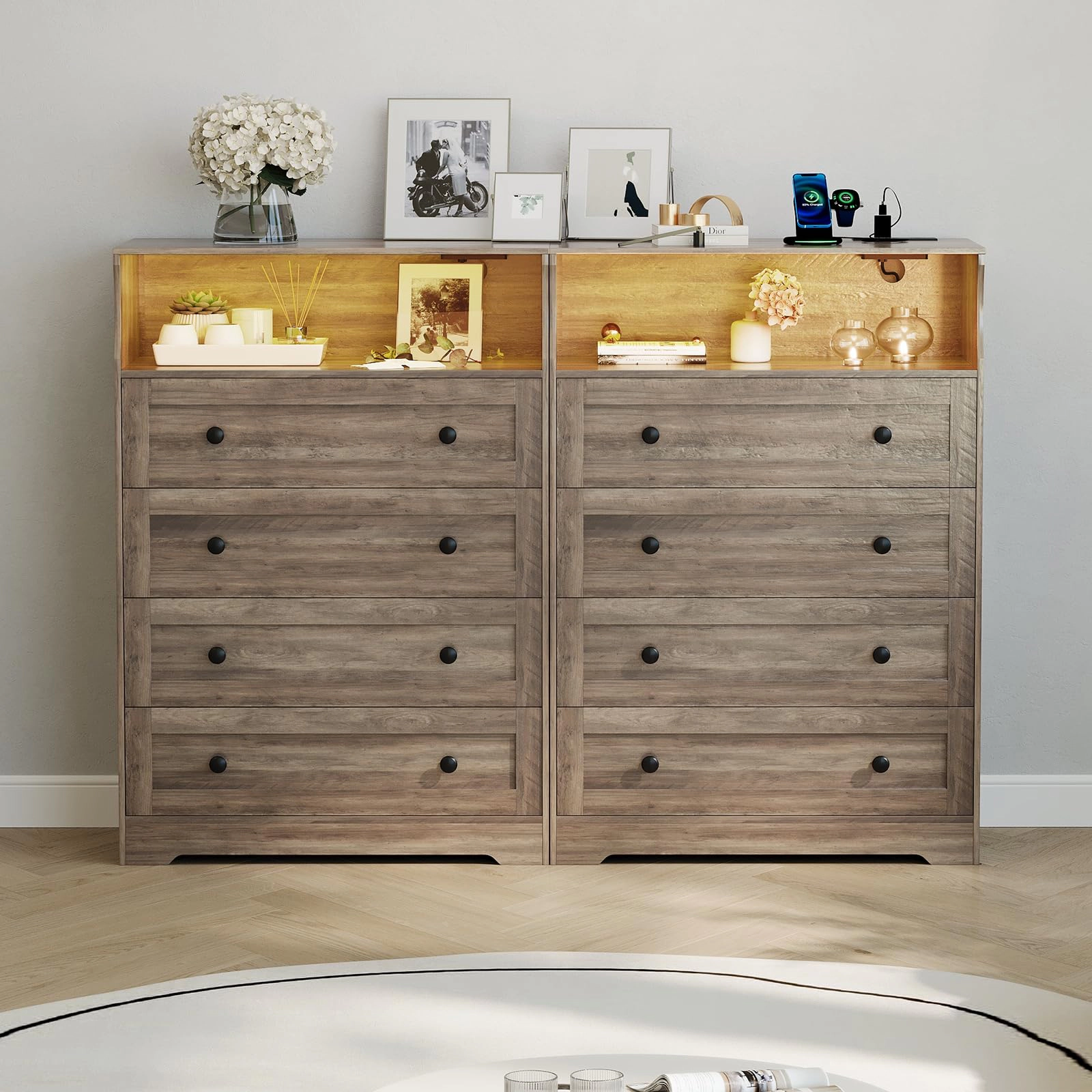45.2" Tall 4 Drawer Dresser with LED Shelf & Charging Station, Wood Storage Chest