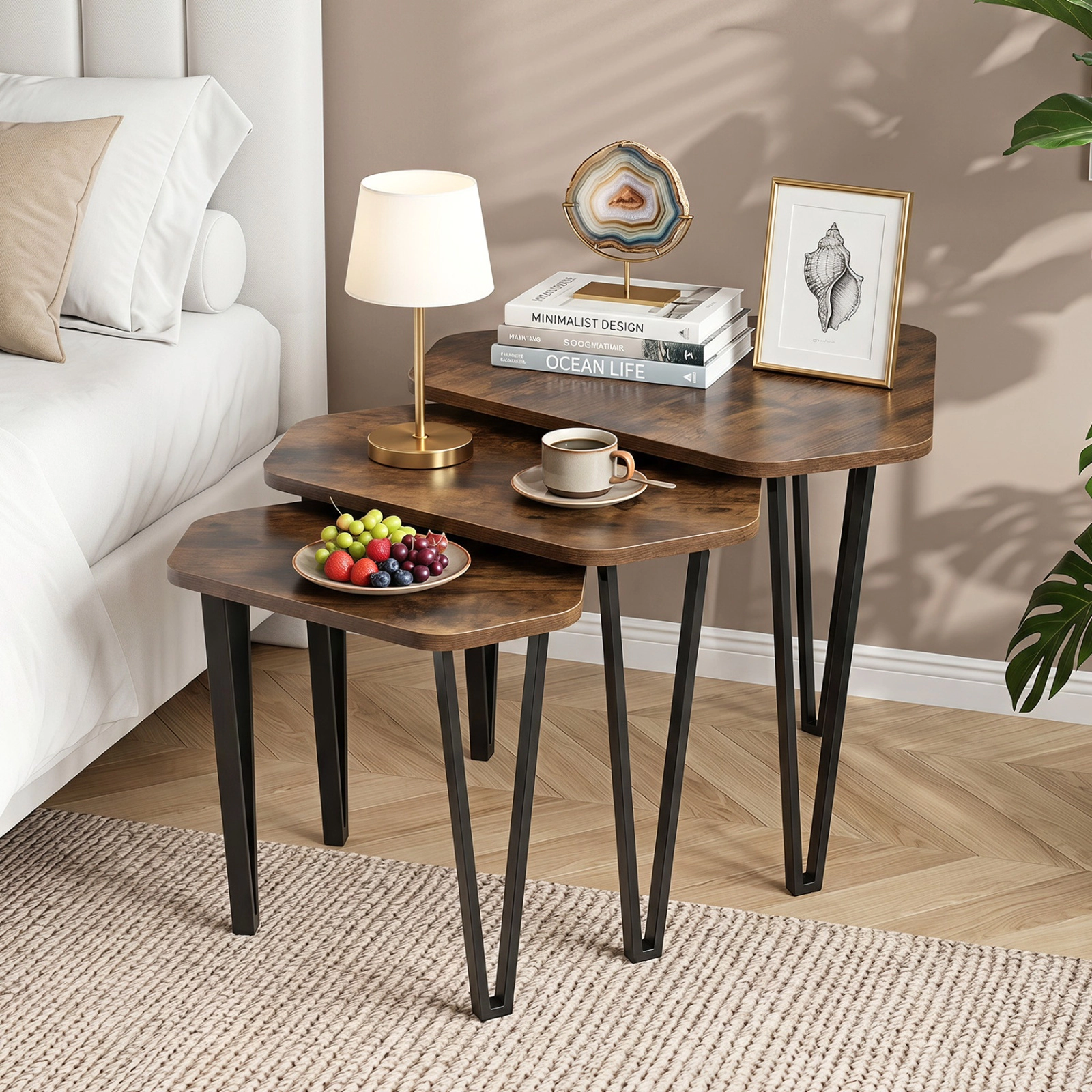 SUGIFT Set of 3 Nesting Engineered Wood Top Metal Legs Coffee Tables 23-in x 21-in x 18-in 44-lb Capacity Rustic Brown